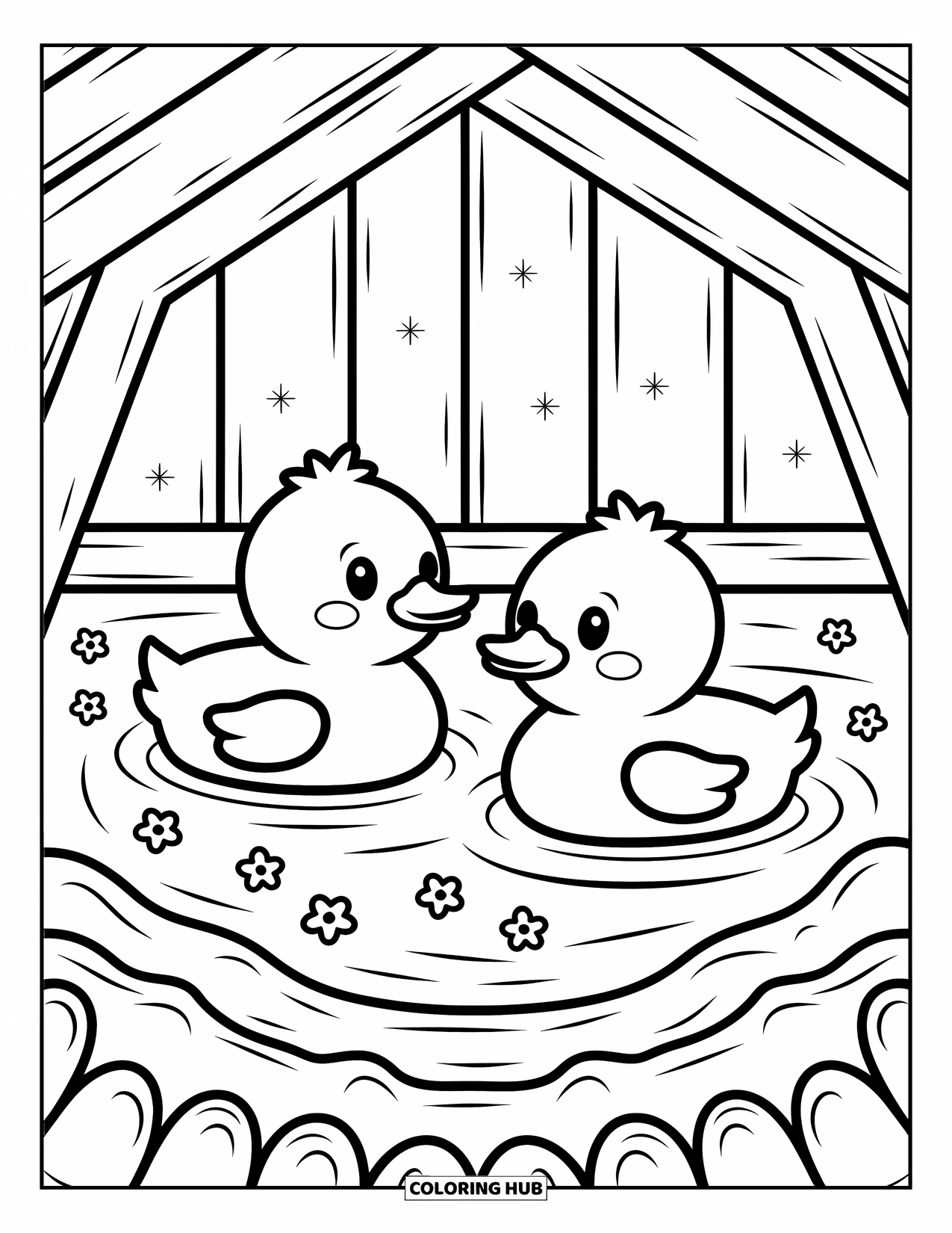 Kolorowanka ze zwierzętami gospodarskimi dla dorosłych: Dwie urocze kaczki dryfują na stawie otoczonym gwiazdami i delikatnymi płatkami kwiatów
