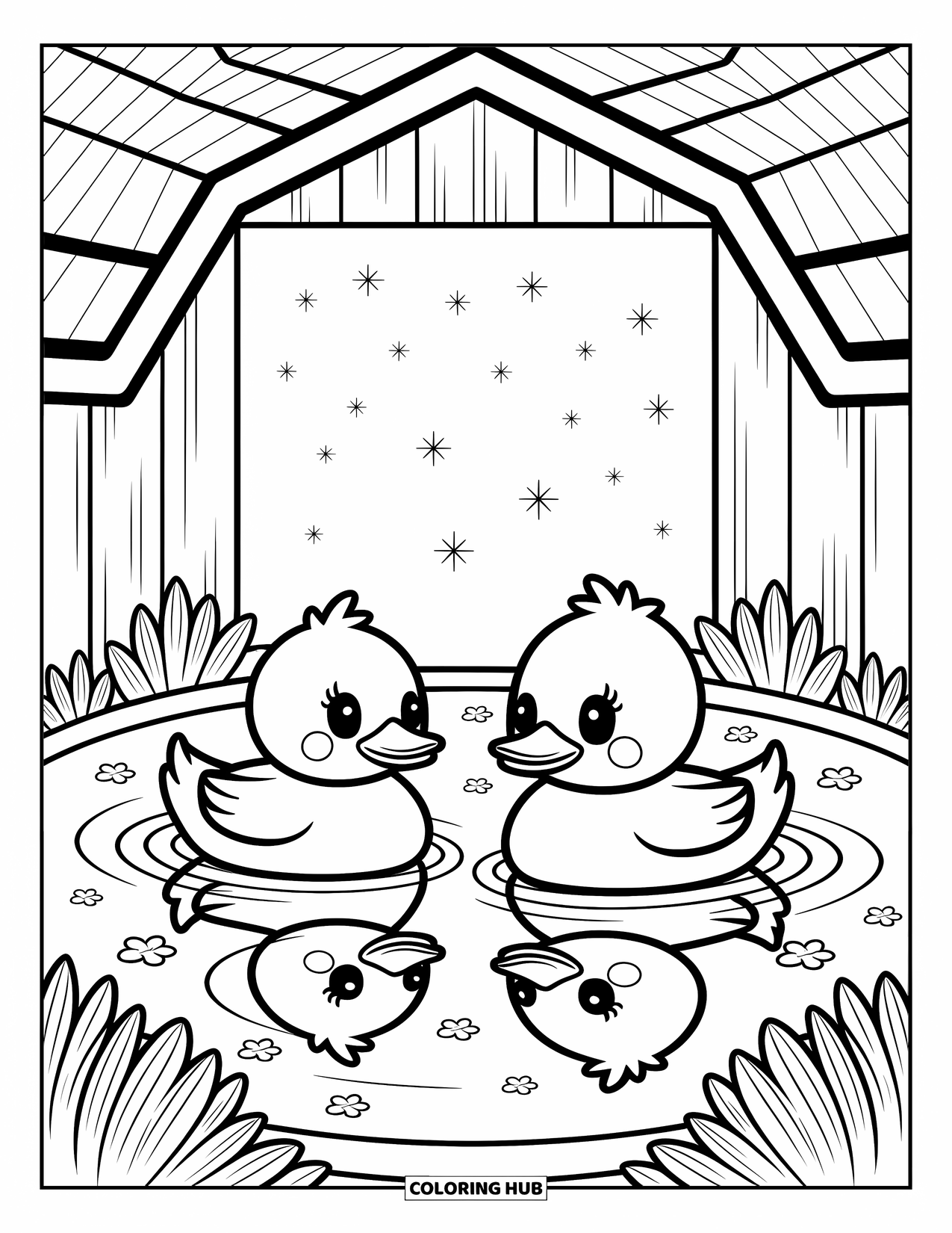 Kolorowanka ze zwierzętami gospodarskimi dla dorosłych: Dwie słodkie kaczki unoszą się na małym stawie z gwiazdami i unoszącymi się płatkami kwiatów