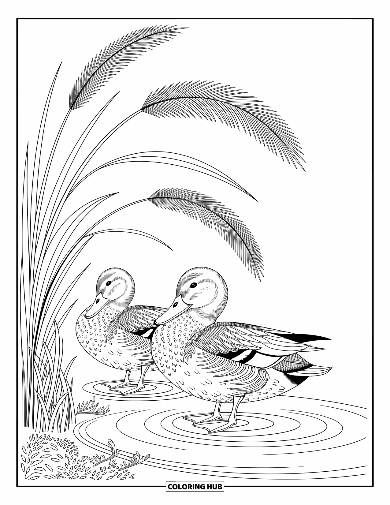Kolorowanka ze zwierzętami gospodarskimi dla dorosłych: Dwie szczegółowe kaczki pielęgnują się w pobliżu wody z falami i wdzięcznymi, zakrzywionymi trzcinami w pobliżu
