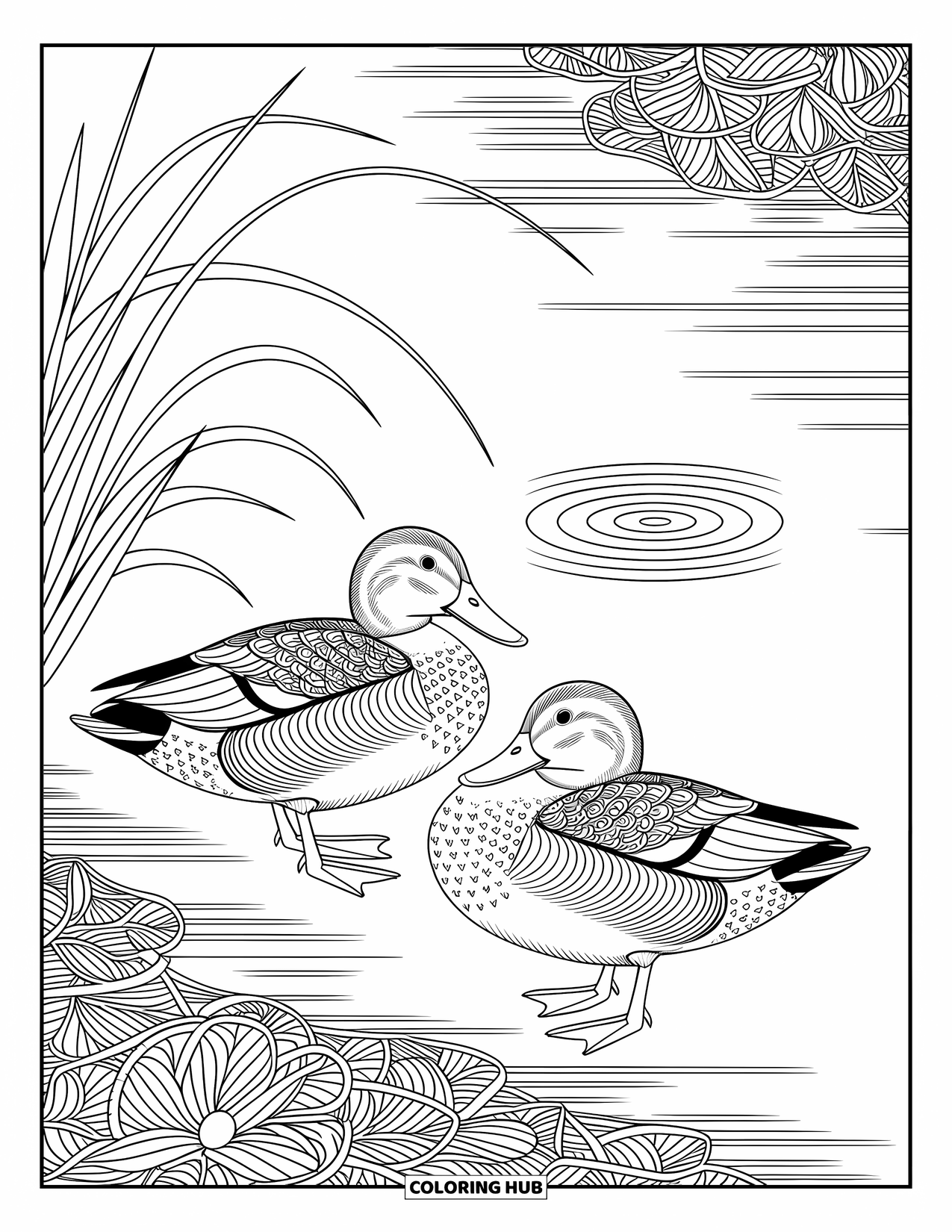 Kolorowanka ze zwierzętami gospodarskimi dla dorosłych: Dwie kaczki pielęgnują się nad stawem z falującą wodą i zginającymi się trzcinami wokół nich