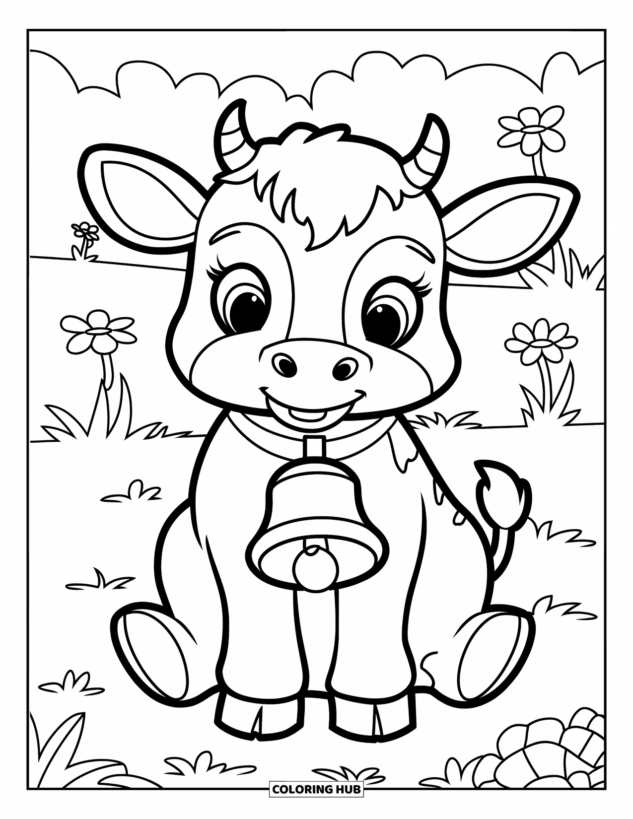 Kolorowanka ze zwierzętami gospodarskimi dla dzieci: Cielaczek z dzwonkiem i obrożą siedzi szczęśliwie na polu z kwiatami