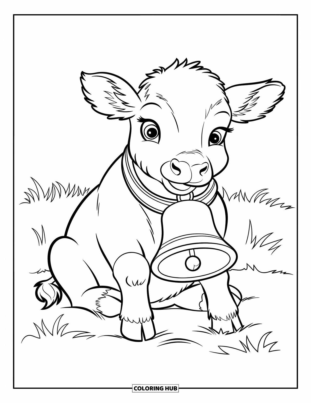 Kolorowanka ze zwierzętami gospodarskimi dla dzieci: Cielę z dzwonkiem siedzi na miękkim podłożu na trawiastym polu