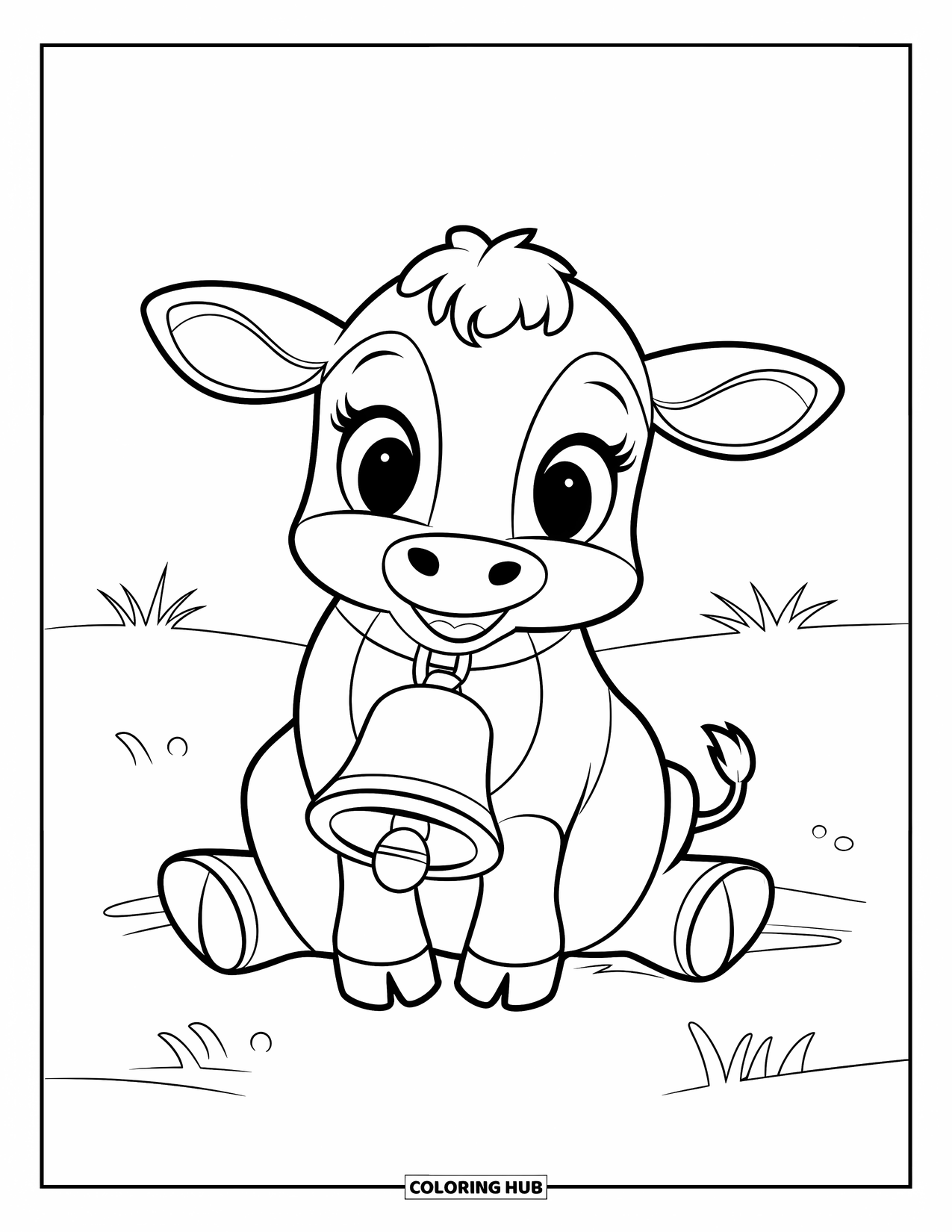 Kolorowanka ze zwierzętami gospodarskimi dla dzieci: Wesoły cielaczek z błyszczącymi oczami siedzi na trawie z kępkami wokół