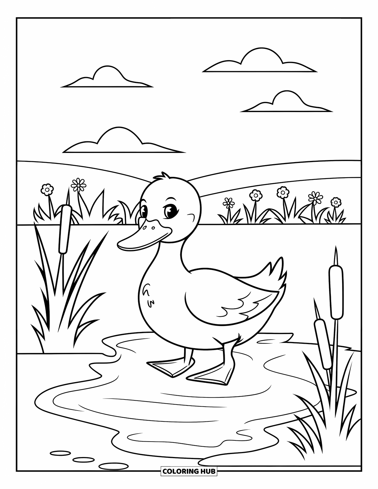 Kolorowanka ze zwierzętami gospodarskimi dla dzieci: Wesoła kaczka człapie w pobliżu spokojnej wody stawu z kwiatami i puszystymi chmurami