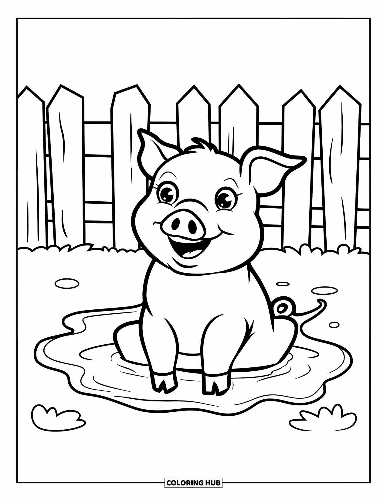 Kolorowanka ze zwierzętami gospodarskimi dla dzieci: Wesoła świnka z dużymi oczami siedzi w błotnistej wodzie obok niskiego płotu