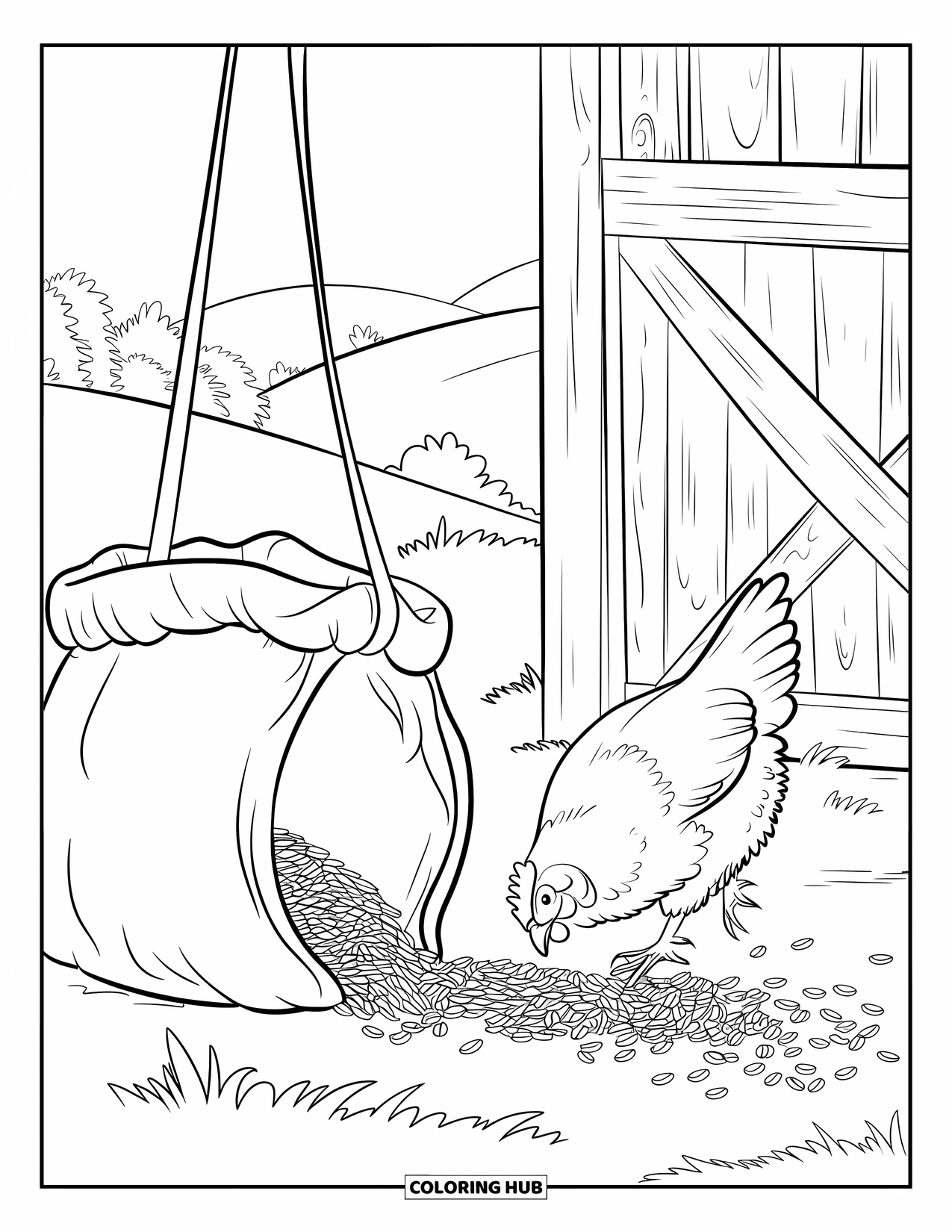 Kolorowanka ze zwierzętami gospodarskimi dla dzieci: Kura żywi się ziarnami obok worka w pobliżu otwartej stodoły ze wzgórzami i drzewami