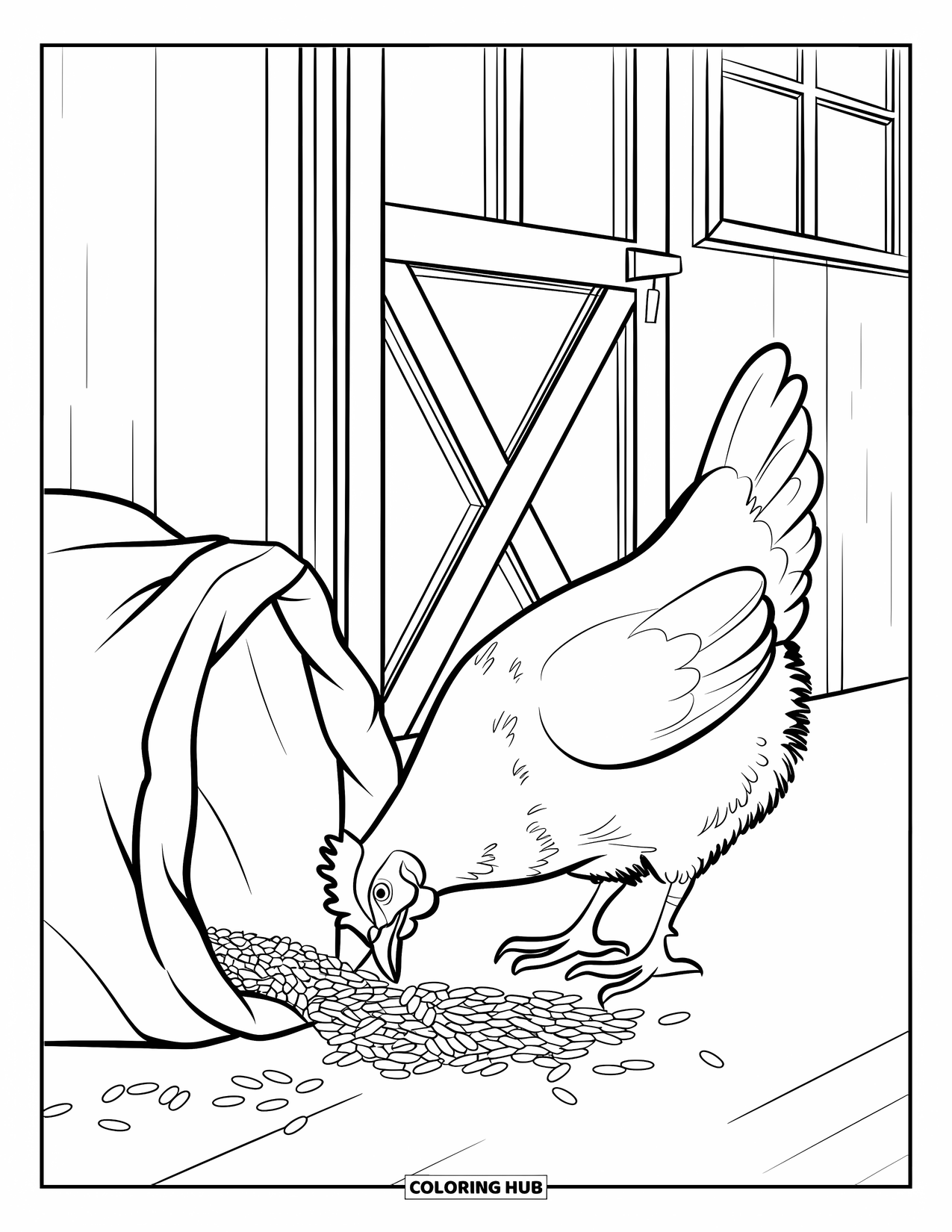 Kolorowanka ze zwierzętami gospodarskimi dla dzieci: Kura żywi się rozsypanymi ziarnami obok worka przy stodole z oknami