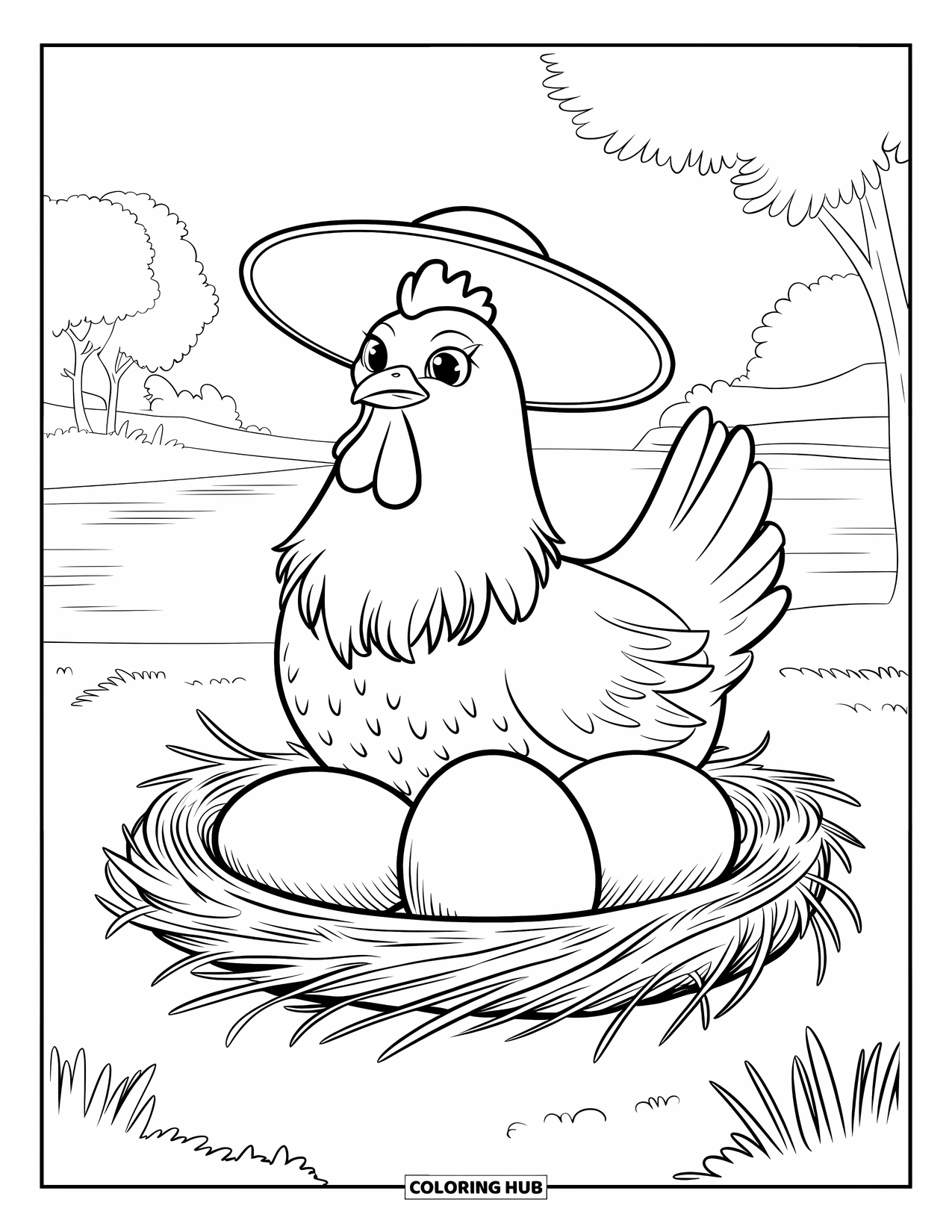 Kolorowanka ze zwierzętami gospodarskimi dla dzieci: Kura w kapeluszu odpoczywa na gnieździe w pobliżu wody i drzew
