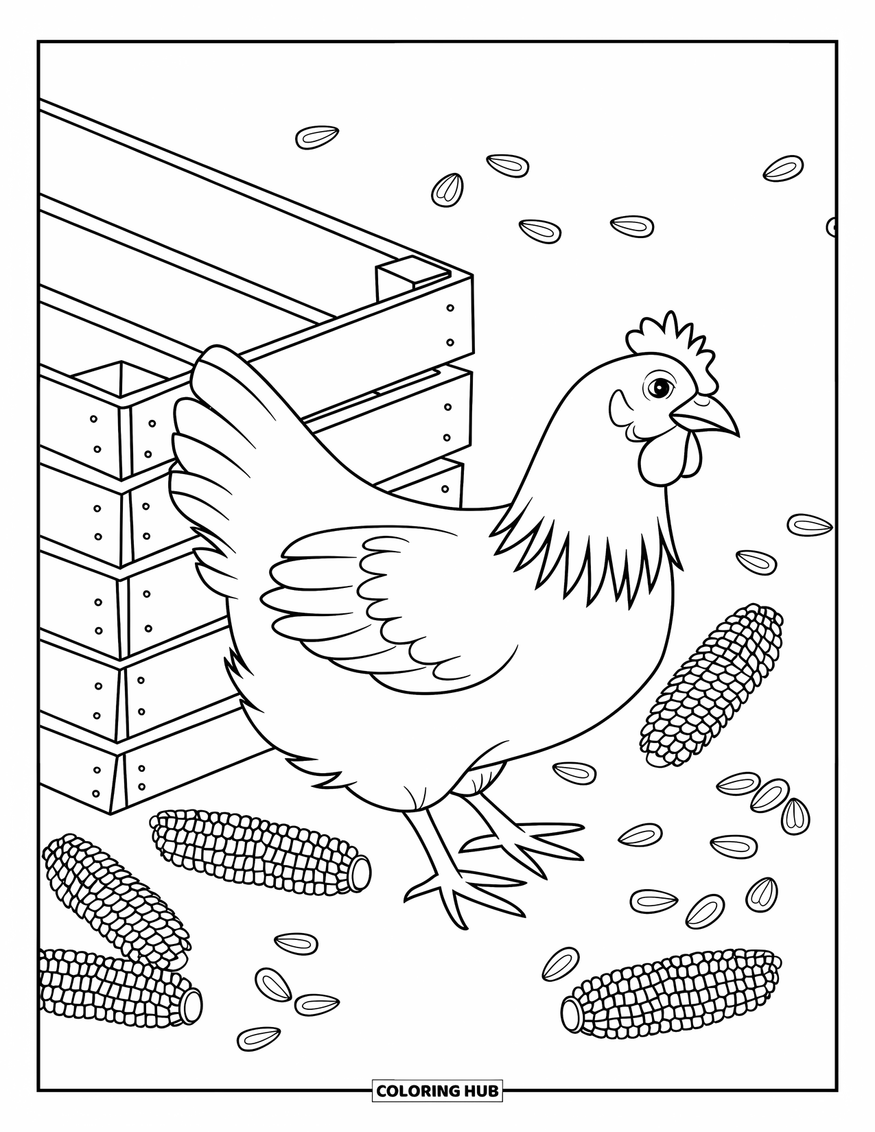 Kolorowanka ze zwierzętami gospodarskimi dla dzieci: Kura patrzy w prawo, otoczona ziarnami kukurydzy w pobliżu drewnianej skrzyni