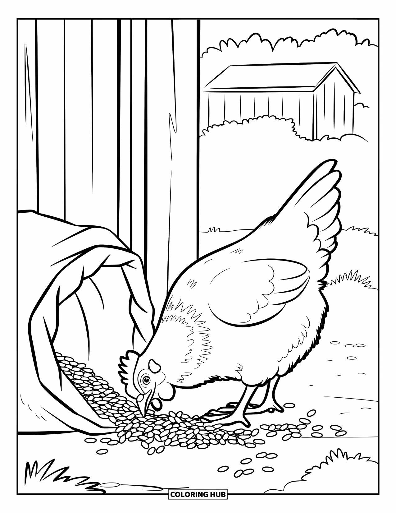Kolorowanka ze zwierzętami gospodarskimi dla dzieci: Kura dziobie ziarna wysypane z worka w pobliżu drzwi stodoły