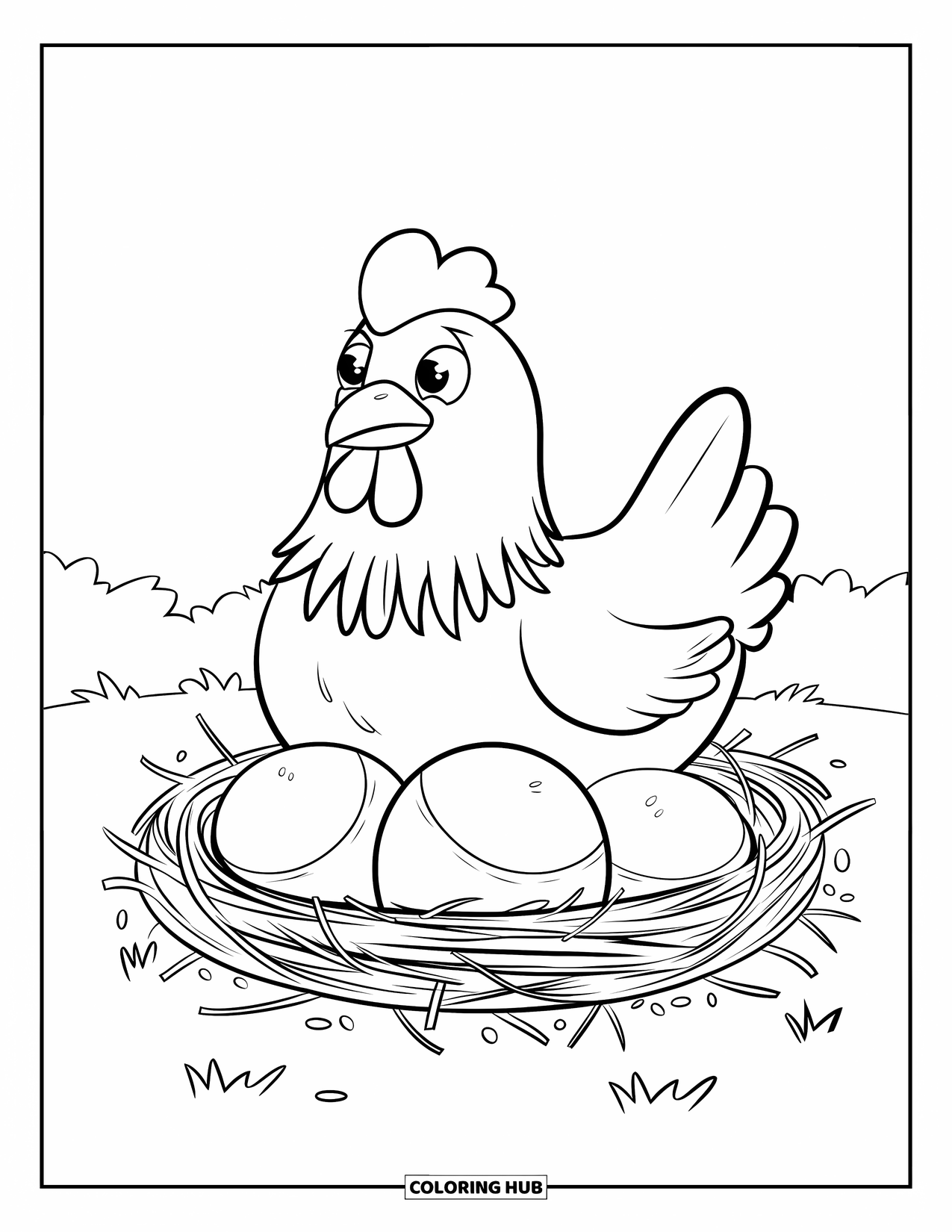 Kolorowanka ze zwierzętami gospodarskimi dla dzieci: Kura siedzi na gnieździe z trzema dużymi jajami pod spodem