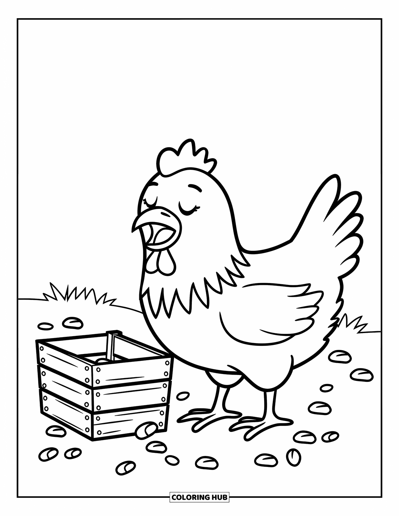 Kolorowanka ze zwierzętami gospodarskimi dla dzieci: Kura z zamkniętymi oczami stoi obok skrzyni z kukurydzą na ziemi