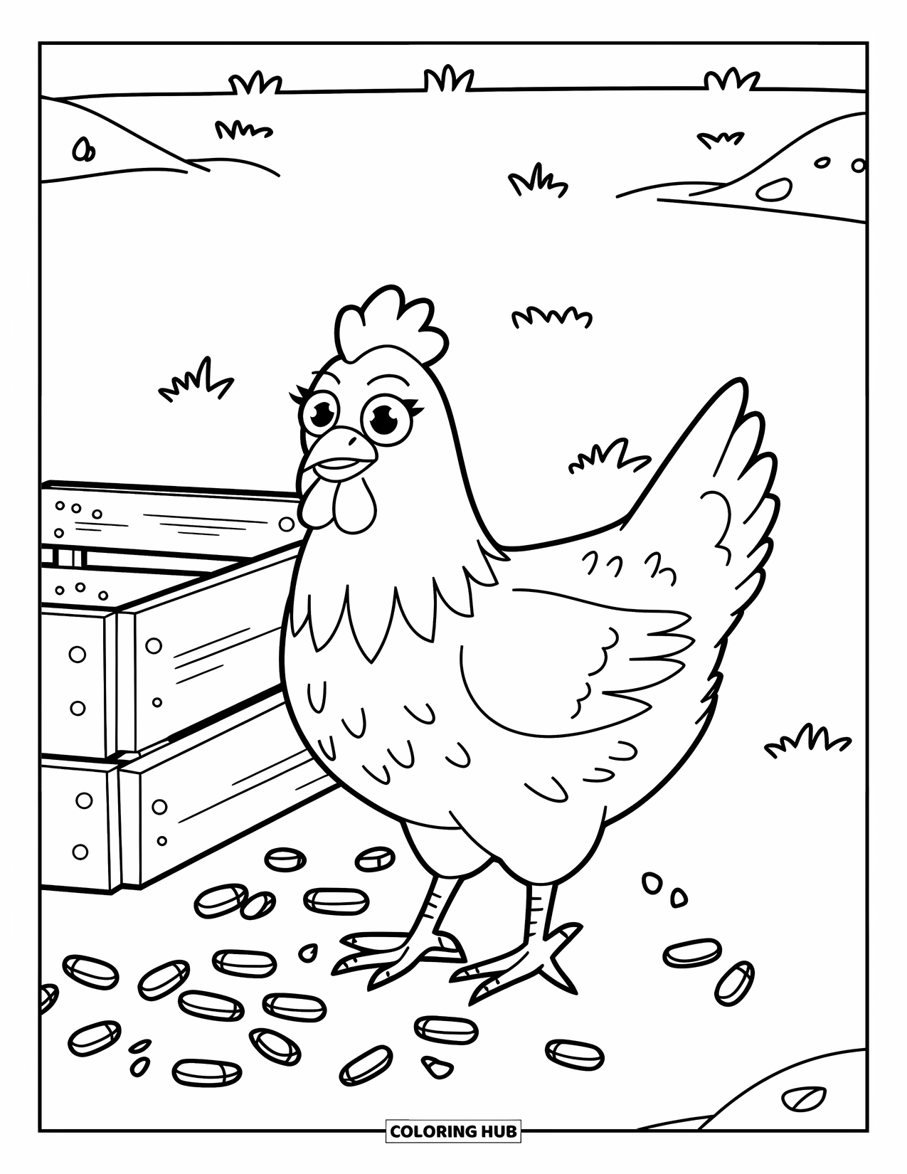 Kolorowanka ze zwierzętami gospodarskimi dla dzieci: Kura z podniesionymi piórami stoi obok skrzyni i rozsypanej kukurydzy