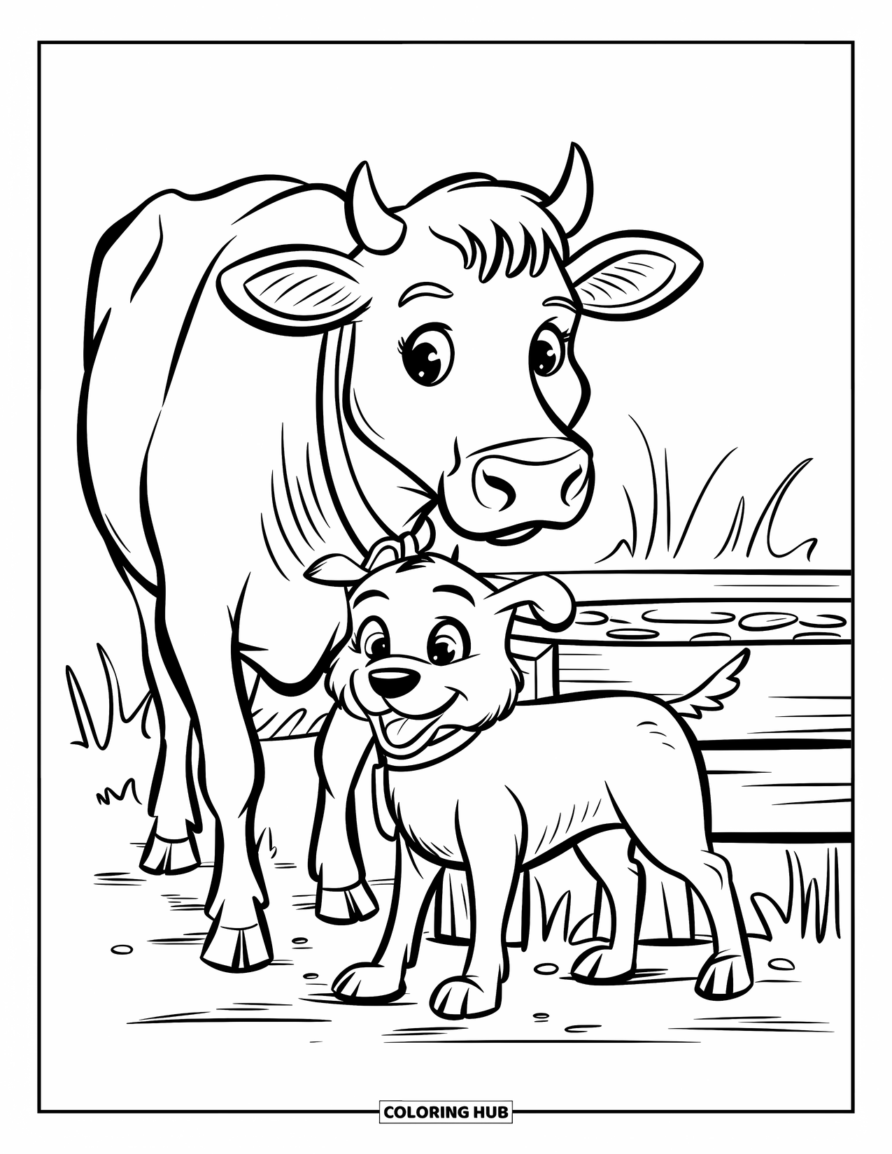 Kolorowanka ze zwierzętami gospodarskimi dla dzieci: Krowa i figlarny pies stoją razem w pobliżu drewnianego koryta z wodą