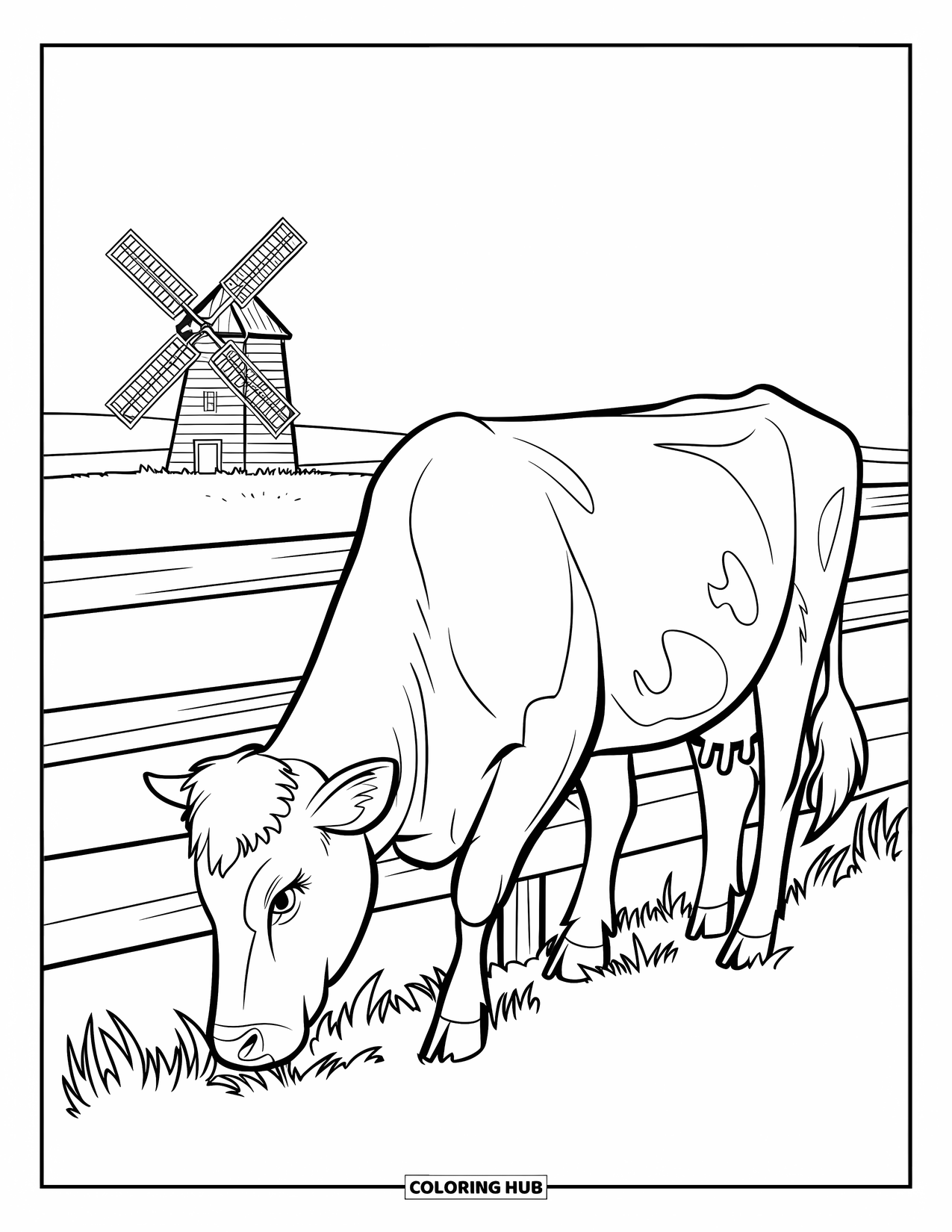 Kolorowanka ze zwierzętami gospodarskimi dla dzieci: Krowa pasie się obok drewnianego płotu z wiatrakiem obracającym się w oddali