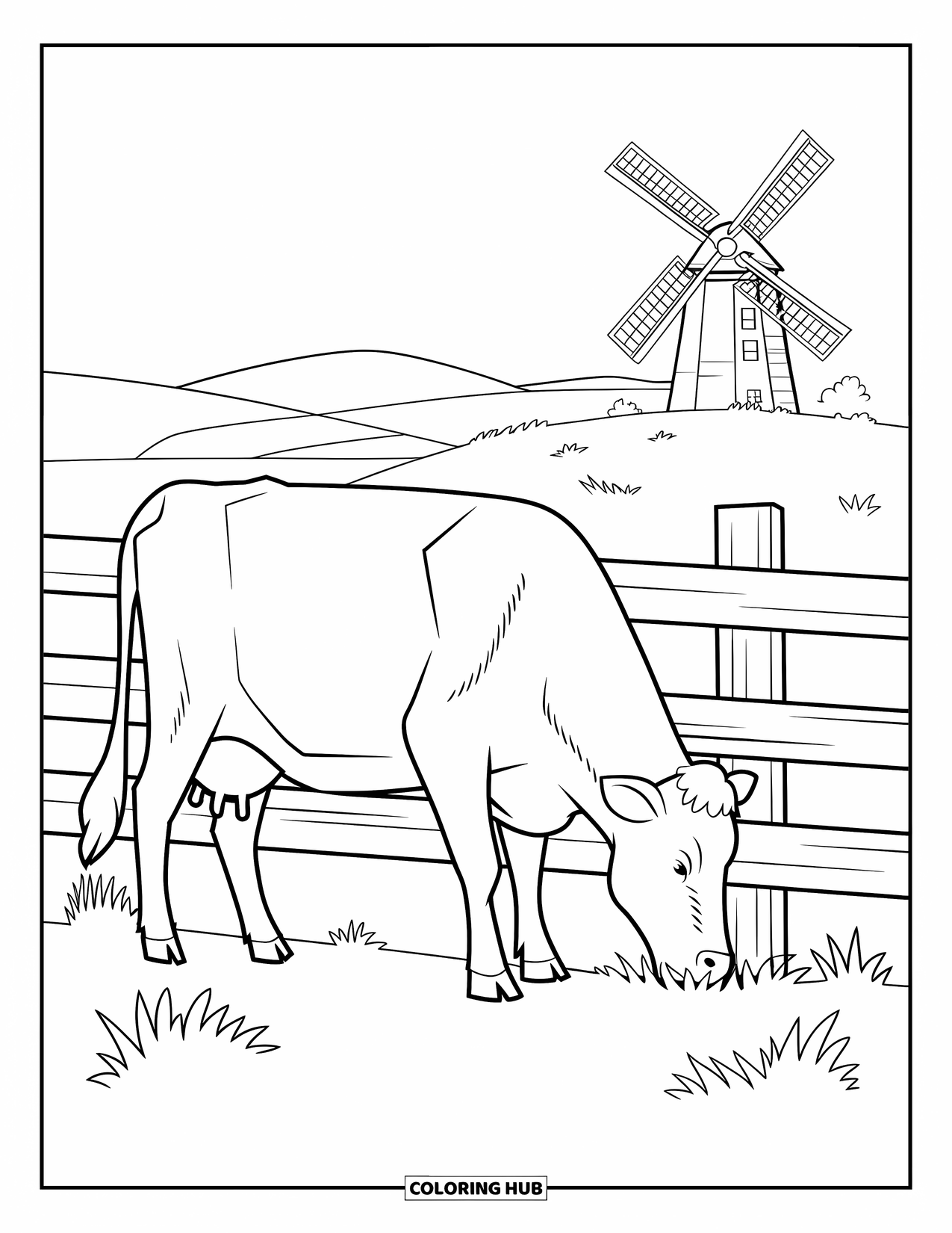 Kolorowanka ze zwierzętami gospodarskimi dla dzieci: Krowa pasie się w pobliżu płotu z wiatrakiem i otwartym polem w tle