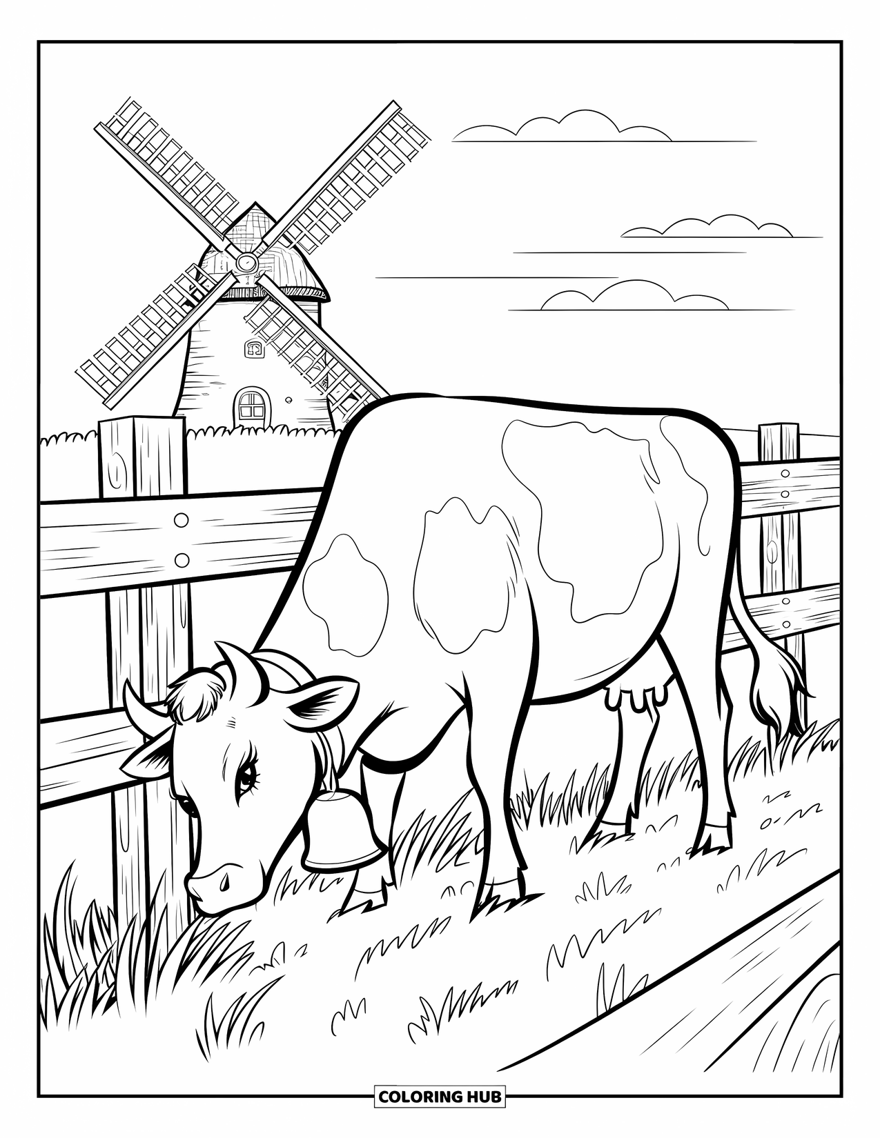 Kolorowanka ze zwierzętami gospodarskimi dla dzieci: Krowa nosząca dzwonek pasie się przy płocie z trawą, chmurami i wiatrakiem w pobliżu