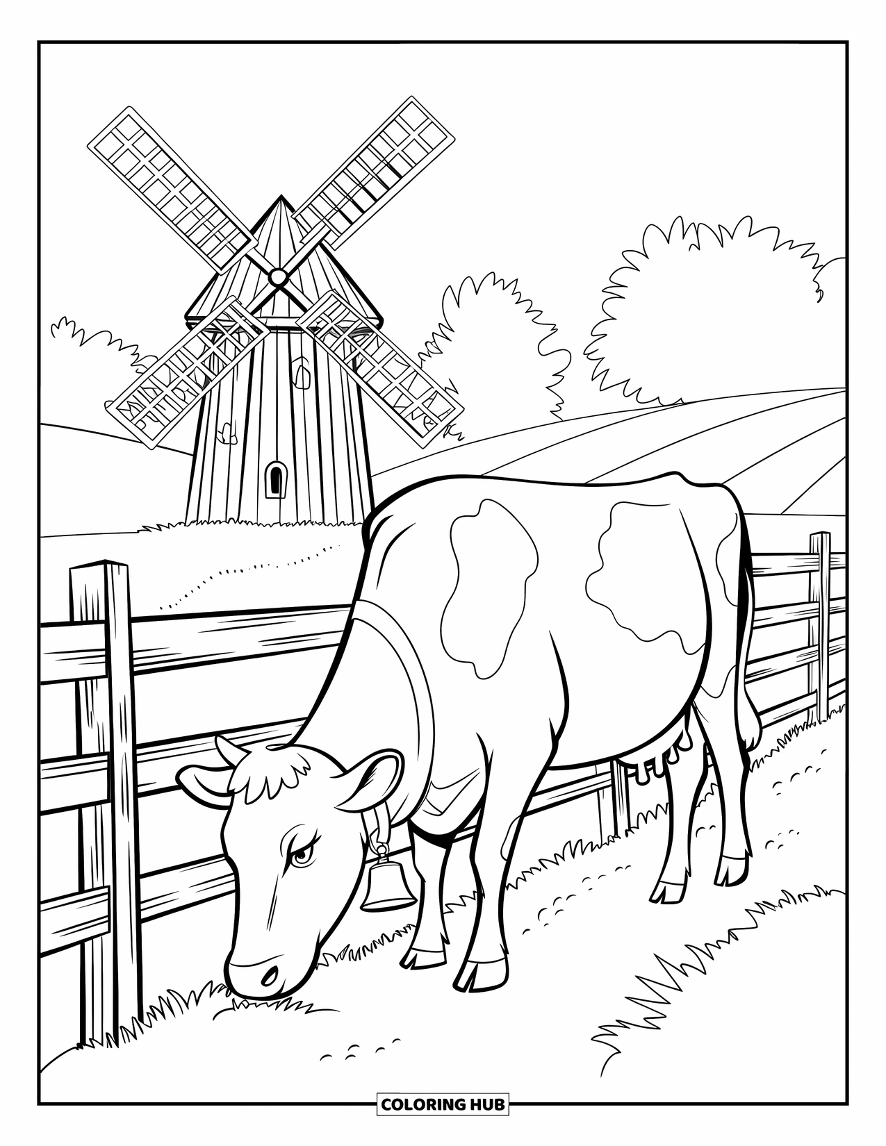 Kolorowanka ze zwierzętami gospodarskimi dla dzieci: Krowa z dzwonkiem pasie się w pobliżu płotu, ze wzgórzami i wiatrakiem w tle