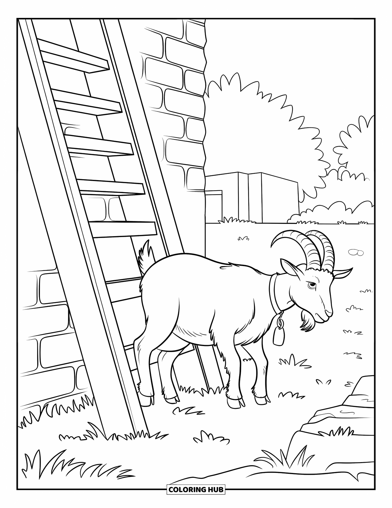 Kolorowanka ze zwierzętami gospodarskimi dla dzieci: Ciekawska koza z obrożą stoi przy drabinie opartej o ceglany mur