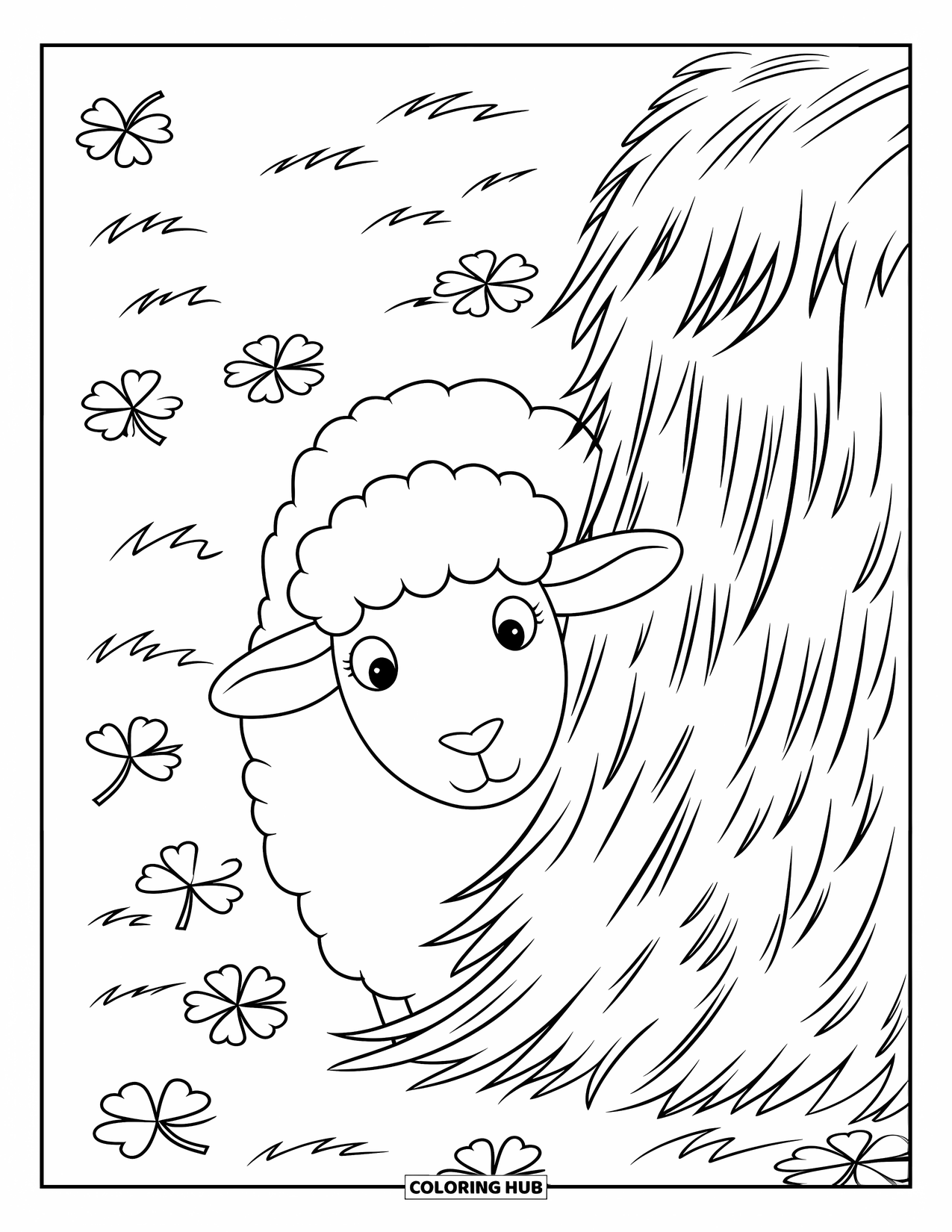 Kolorowanka ze zwierzętami gospodarskimi dla dzieci: Ciekawska owca wygląda zza dużego stogu siana z koniczyną w pobliżu