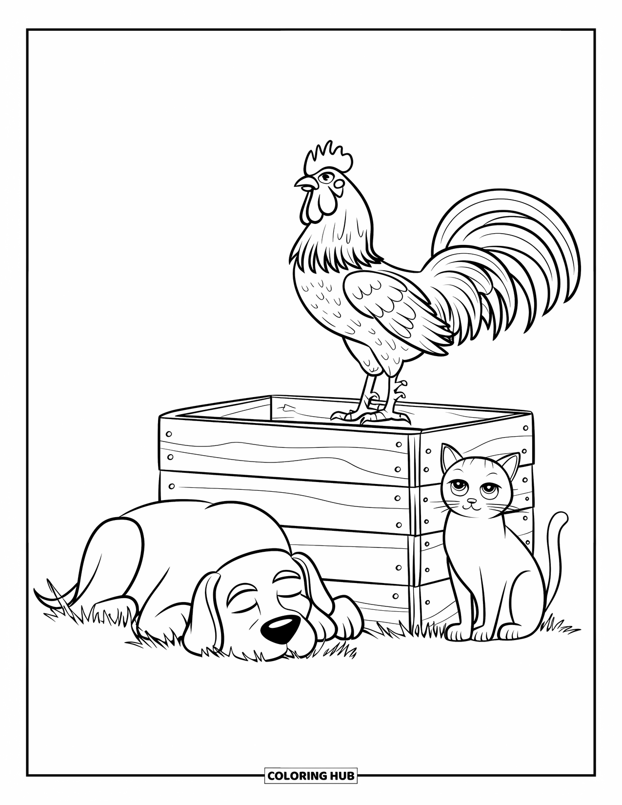 Kolorowanka ze zwierzętami gospodarskimi dla dzieci: Pies odpoczywa obok skrzyni z piejącym kogutem i siedzącym blisko kotem