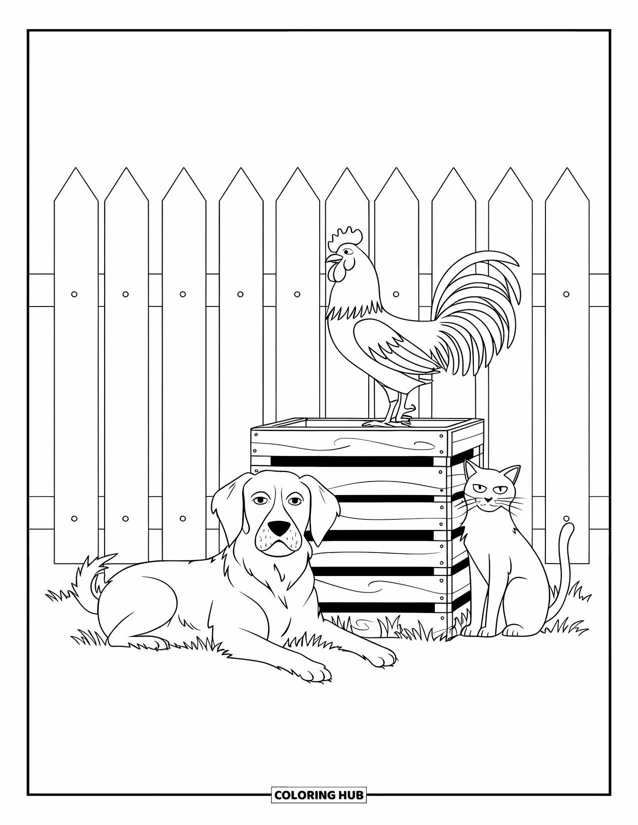 Kolorowanka ze zwierzętami gospodarskimi dla dzieci: Pies odpoczywa obok skrzyni z kogutem na górze i siedzącym w pobliżu kotem