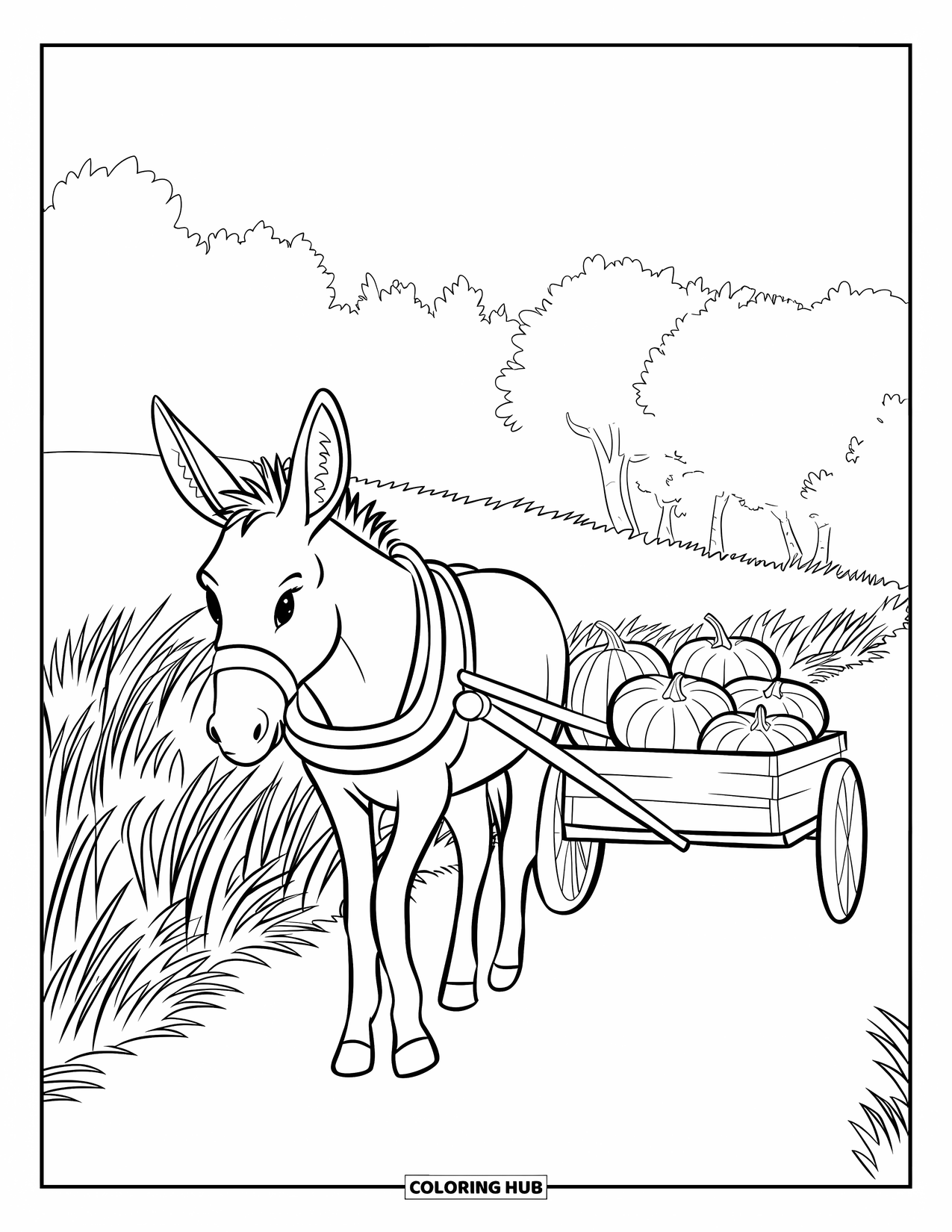 Kolorowanka ze zwierzętami gospodarskimi dla dzieci: Osioł ciągnie wóz wypełniony dyniami po trawiastej ścieżce w gospodarstwie