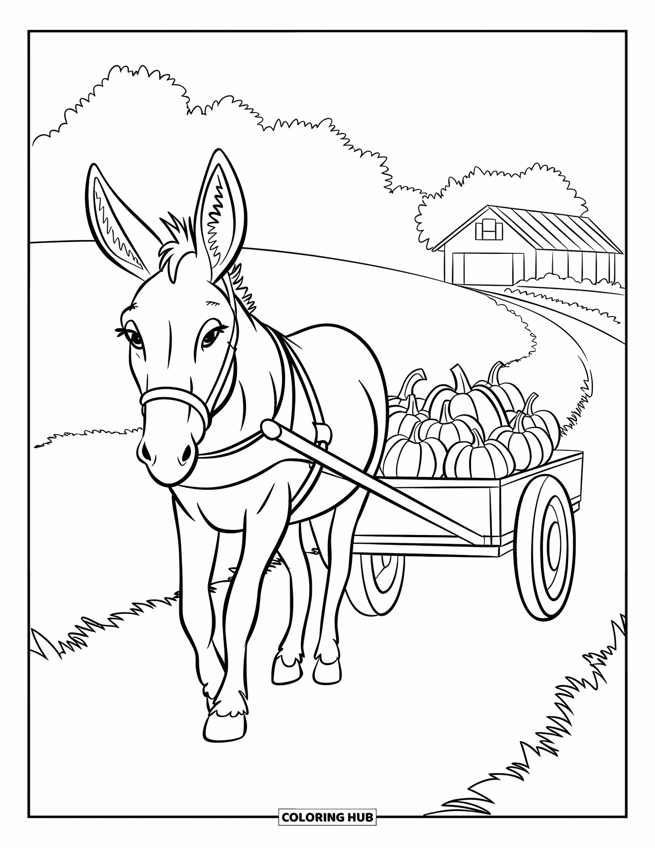 Kolorowanka ze zwierzętami gospodarskimi dla dzieci: Osioł ciągnie wóz z dyniami po ścieżce z domem wiejskim i drzewami w tle