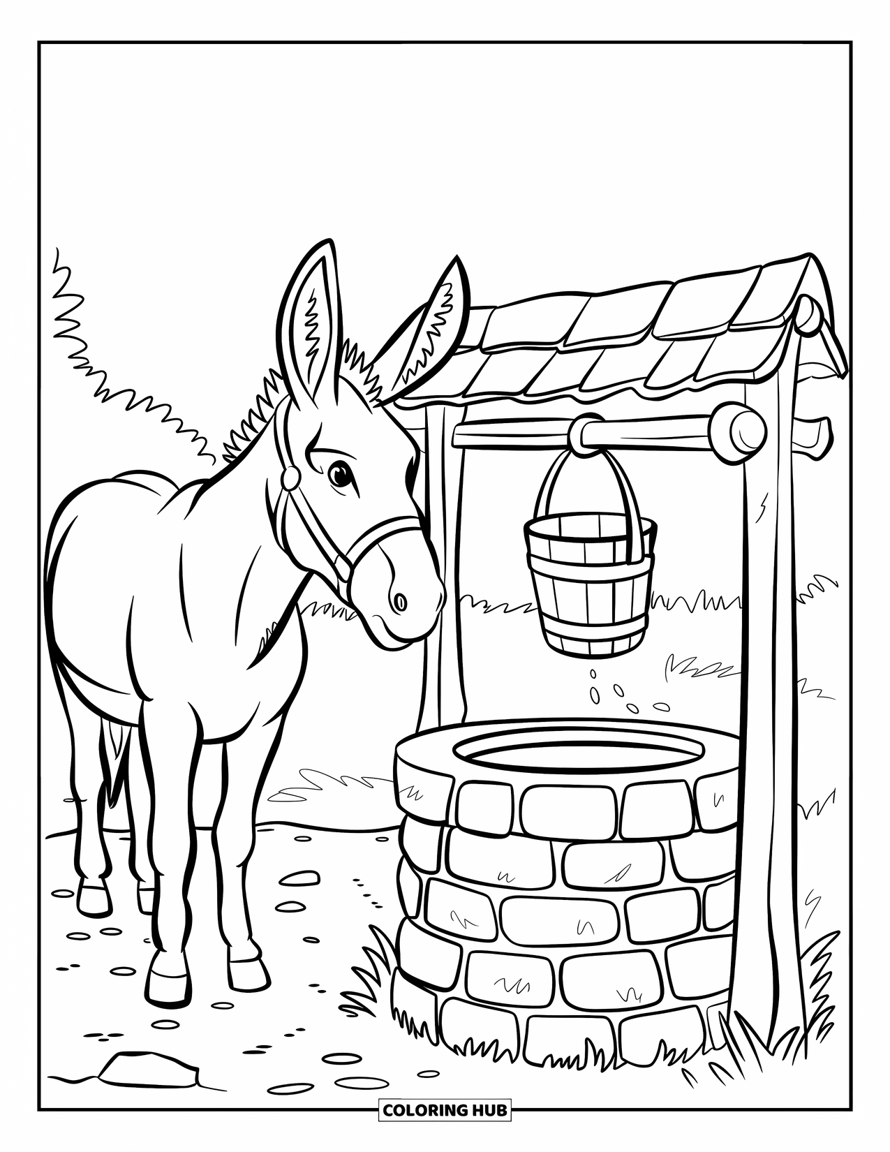 Kolorowanka ze zwierzętami gospodarskimi dla dzieci: Osioł stoi obok kamiennej studni z wiszącym wiadrem na polnej ścieżce