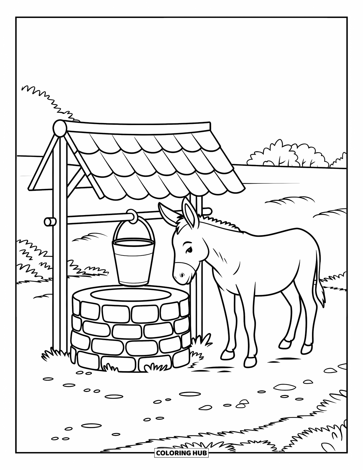 Kolorowanka ze zwierzętami gospodarskimi dla dzieci: Osioł stoi obok kamiennej studni z drzewami w oddali