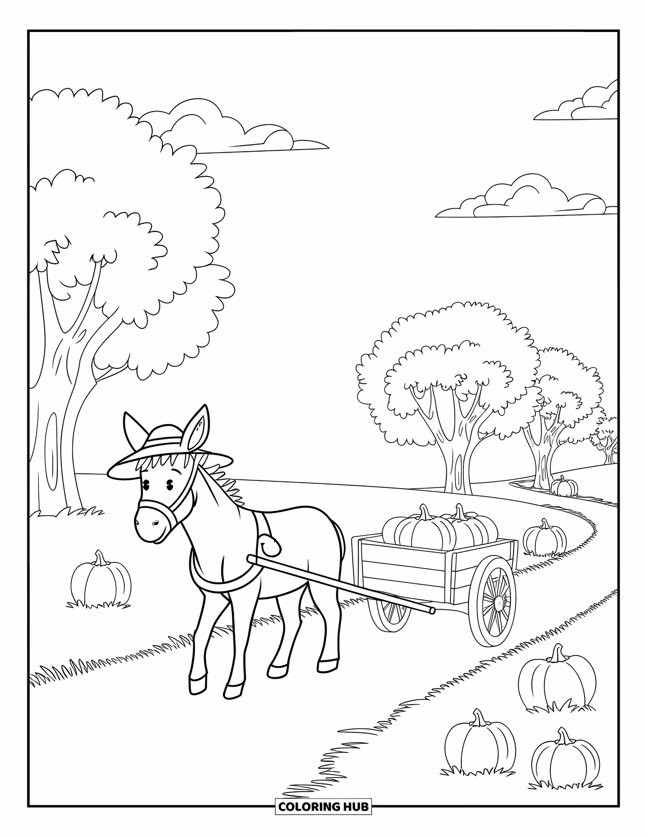 Kolorowanka ze zwierzętami gospodarskimi dla dzieci: Osioł w kapeluszu ciągnie wózek z dyniami po żwirowej ścieżce w gospodarstwie