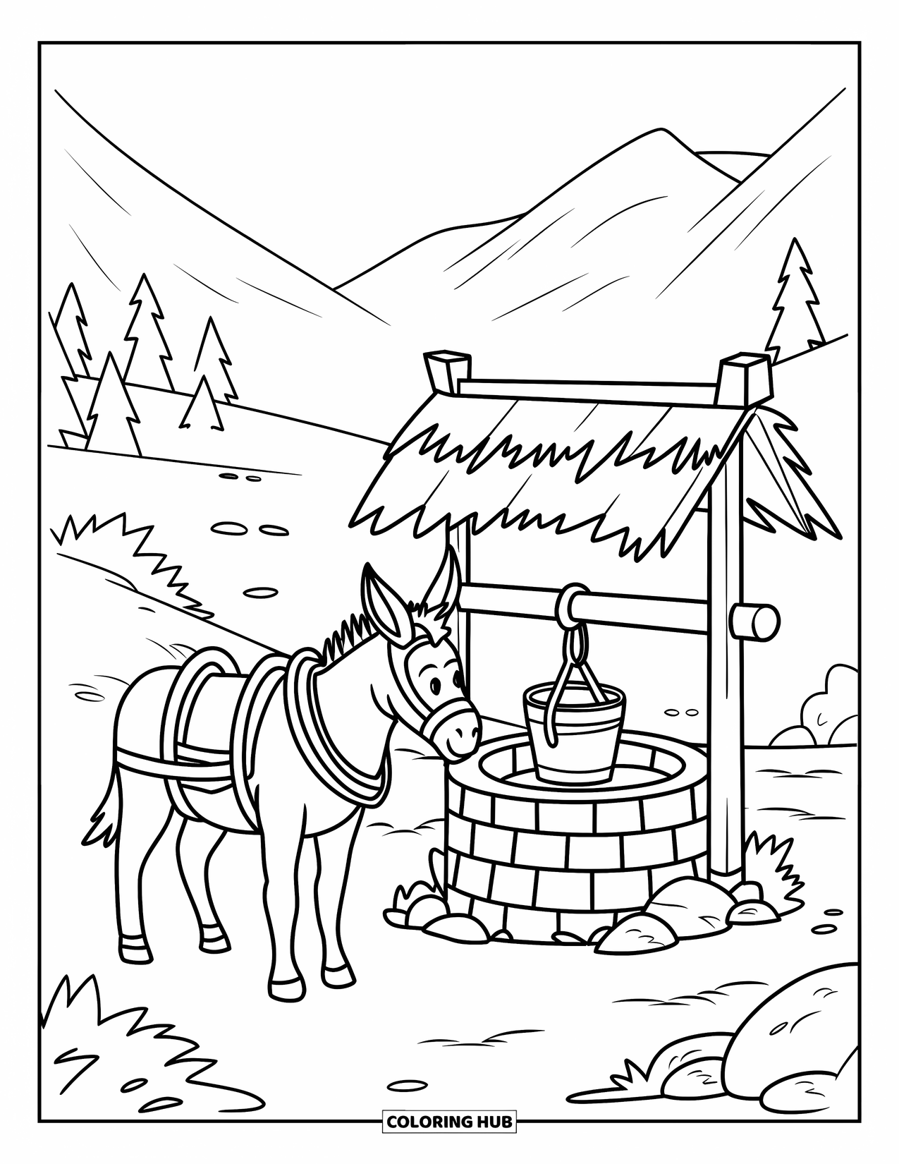 Kolorowanka ze zwierzętami gospodarskimi dla dzieci: Osioł w uprzęży stoi obok studni ze skałami i widokiem na góry w tle