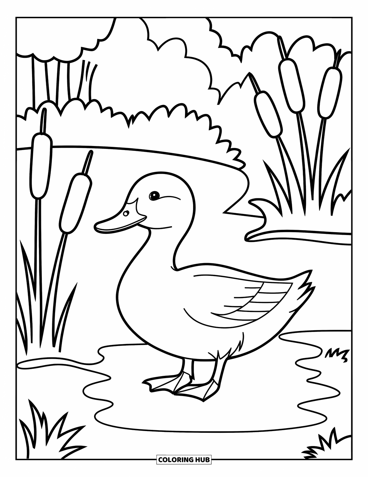 Kolorowanka ze zwierzętami gospodarskimi dla dzieci: Kaczka idzie obok stawu z pałkami wodnymi, drzewami i otwartym niebem