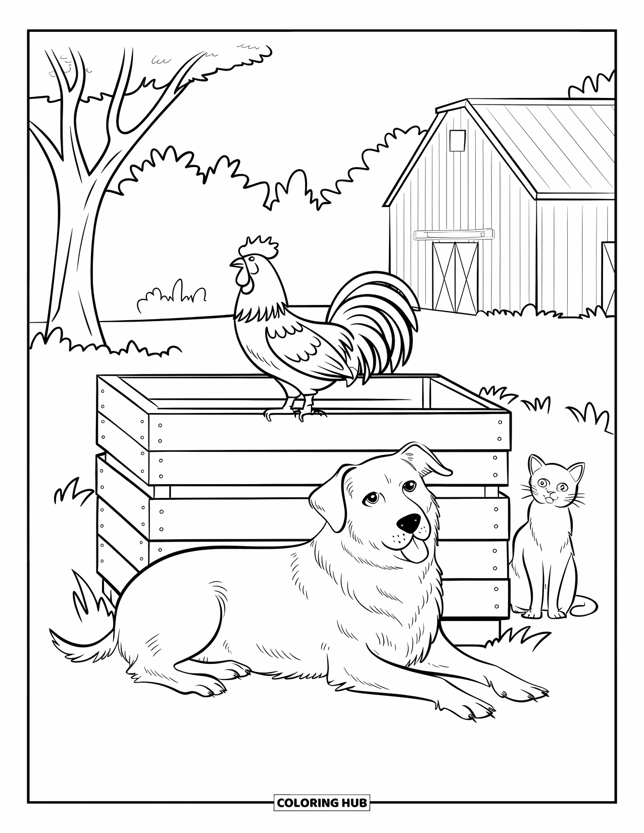 Kolorowanka ze zwierzętami gospodarskimi dla dzieci: Pies gospodarski leży obok skrzyni, na której siedzi kogut, a w pobliżu jest kot