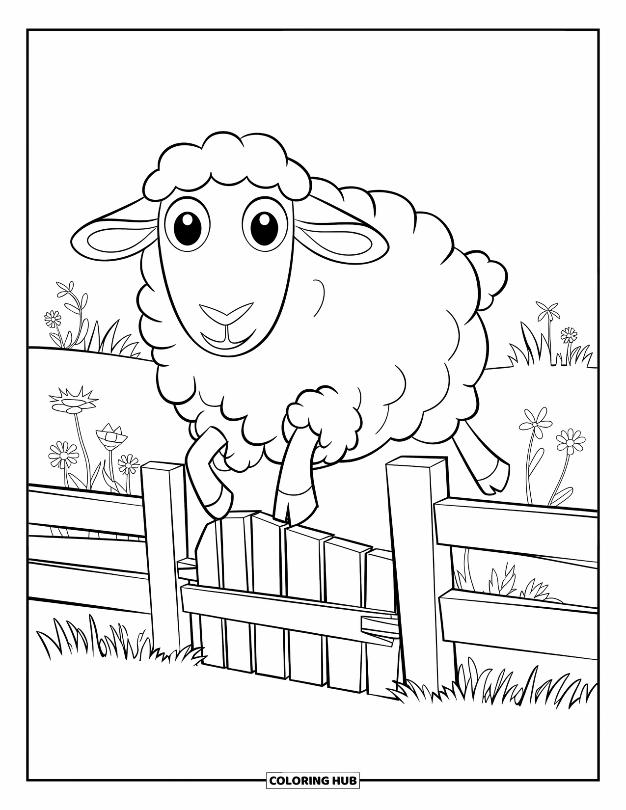 Kolorowanka ze zwierzętami gospodarskimi dla dzieci: Puszysta owca z dużymi oczami przeskakuje przez płot na polu