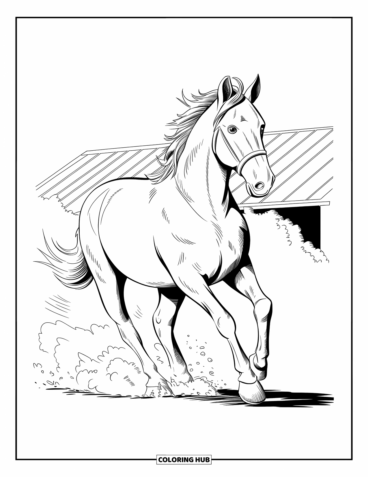 Kolorowanka ze zwierzętami gospodarskimi dla dzieci: Galopujący koń wzbija kurz w pobliżu dachu stodoły