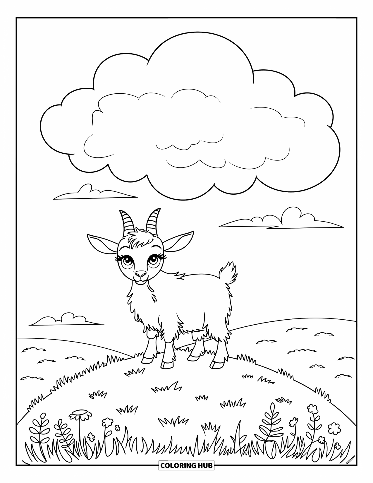 Kolorowanka ze zwierzętami gospodarskimi dla dzieci: Koza z dużymi oczami stoi na trawiastym wzgórzu z kwiatami i chmurami