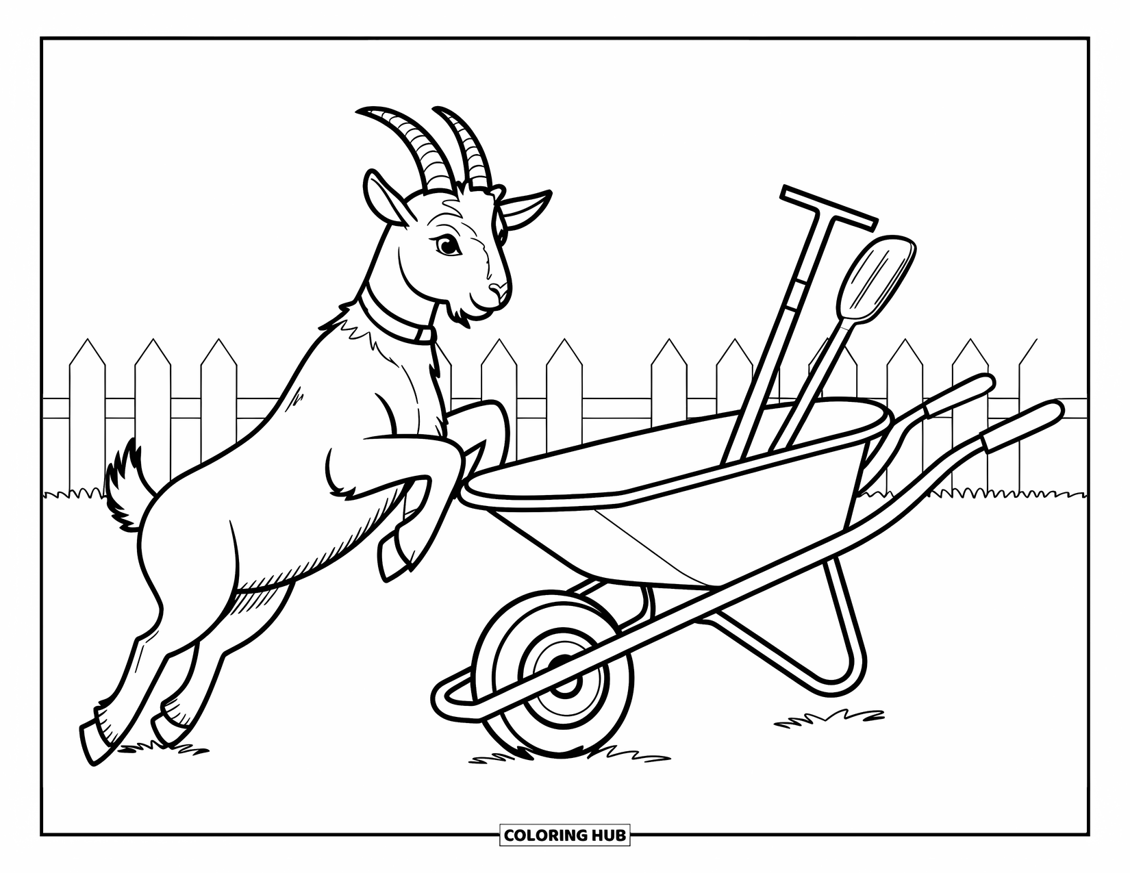 Kolorowanka ze zwierzętami gospodarskimi dla dzieci: Koza z czarnymi znaczeniami i obrożą skacze w pobliżu taczki i płotu