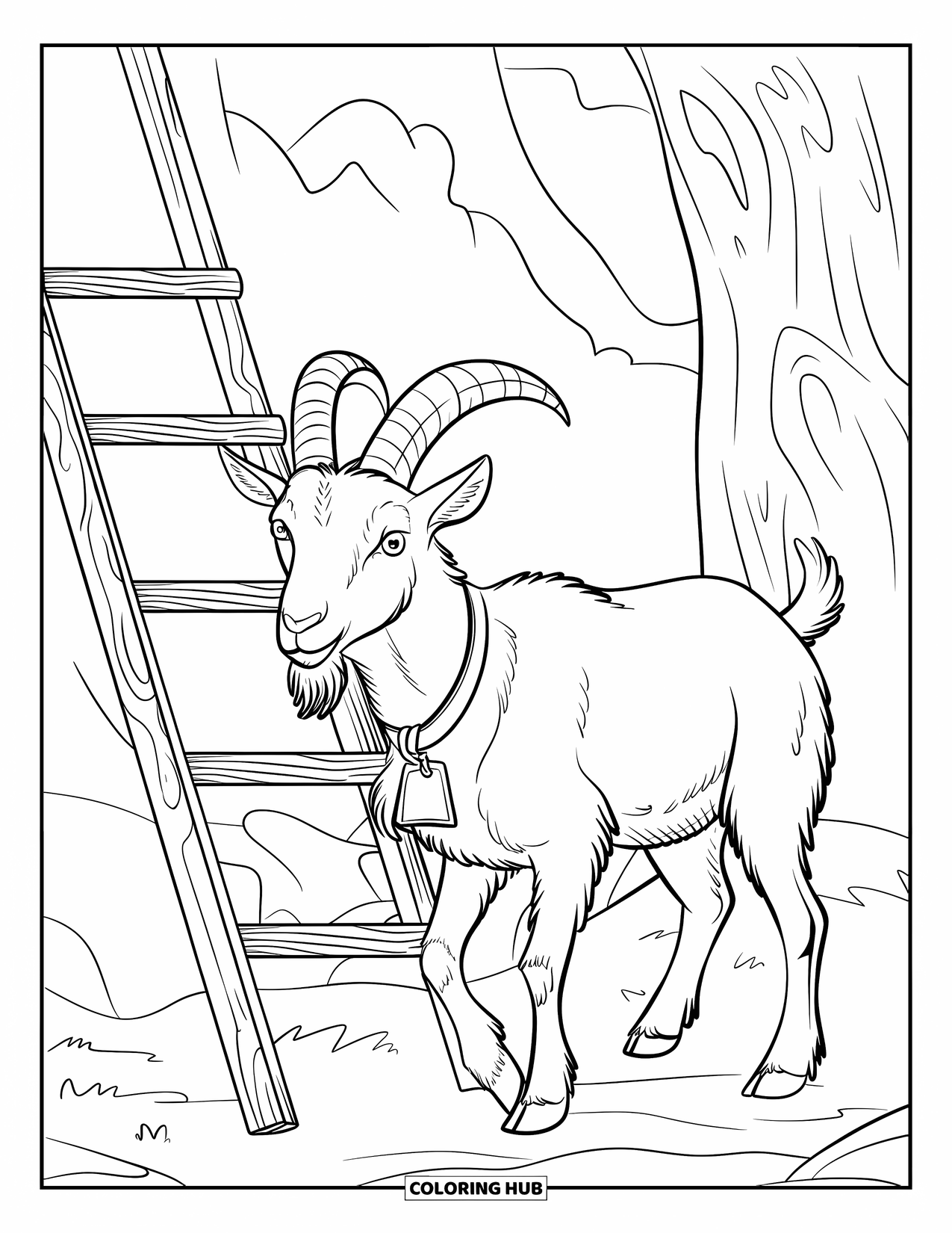 Kolorowanka ze zwierzętami gospodarskimi dla dzieci: Koza z zakrzywionymi rogami i obrożą stoi obok drabiny opartej o drzewo