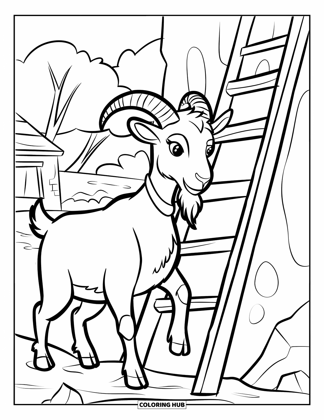 Kolorowanka ze zwierzętami gospodarskimi dla dzieci: Koza z zakrzywionymi rogami i obrożą stoi w pobliżu drabiny i małego budynku