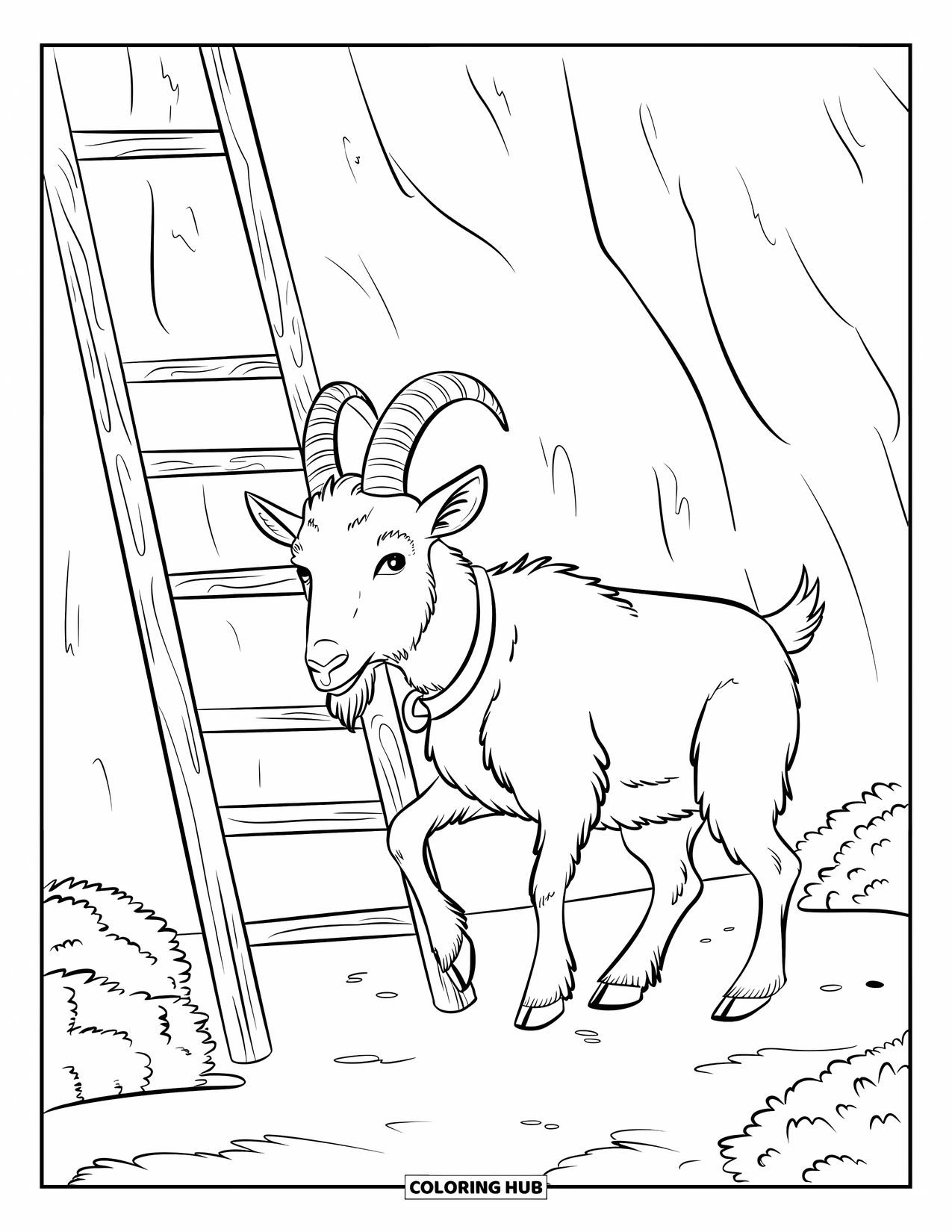 Kolorowanka ze zwierzętami gospodarskimi dla dzieci: Koza z zakrzywionymi rogami zwiedza okolice drewnianej drabiny na kamienistym podłożu