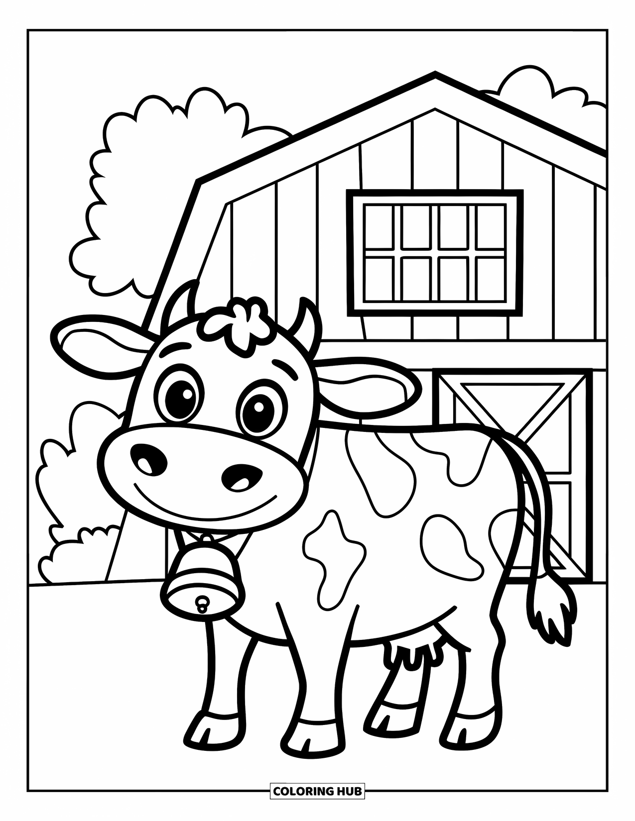 Kolorowanka ze zwierzętami gospodarskimi dla dzieci: Szczęśliwa krowa stoi dumnie przed stodołą i drzewami