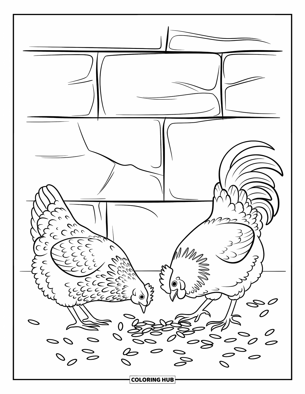 Kolorowanka ze zwierzętami gospodarskimi dla dzieci: Kura i kogut dziobią ziarna w pobliżu kamiennego muru