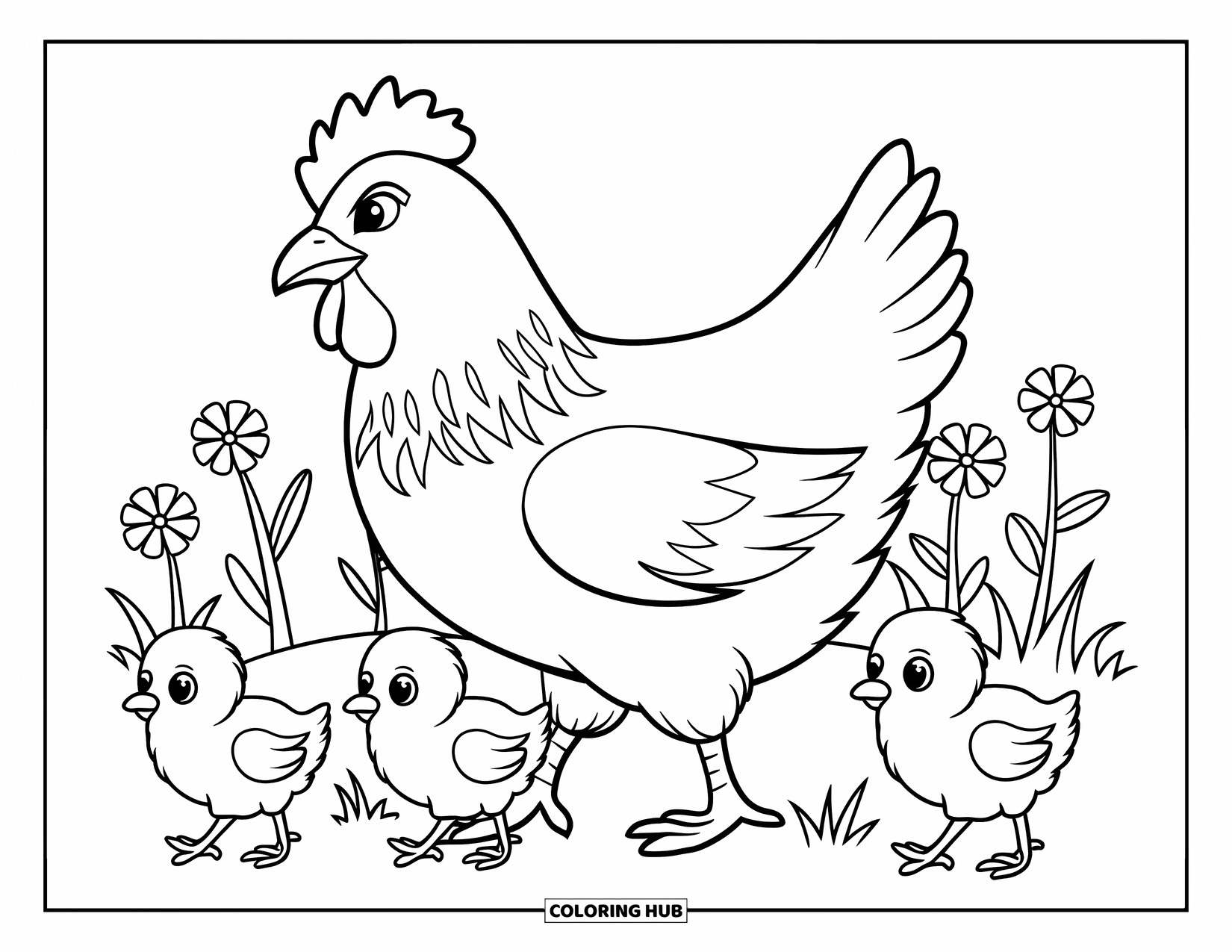 Kolorowanka ze zwierzętami gospodarskimi dla dzieci: Kura i trzy kurczaki idą po trawie z kwiatami w tle
