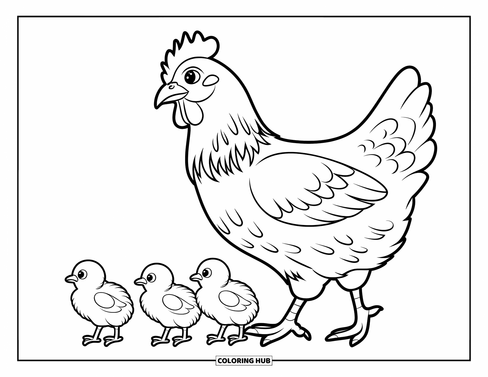 Kolorowanka ze zwierzętami gospodarskimi dla dzieci: Kura idzie z trzema małymi kurczakami podążającymi blisko za nią