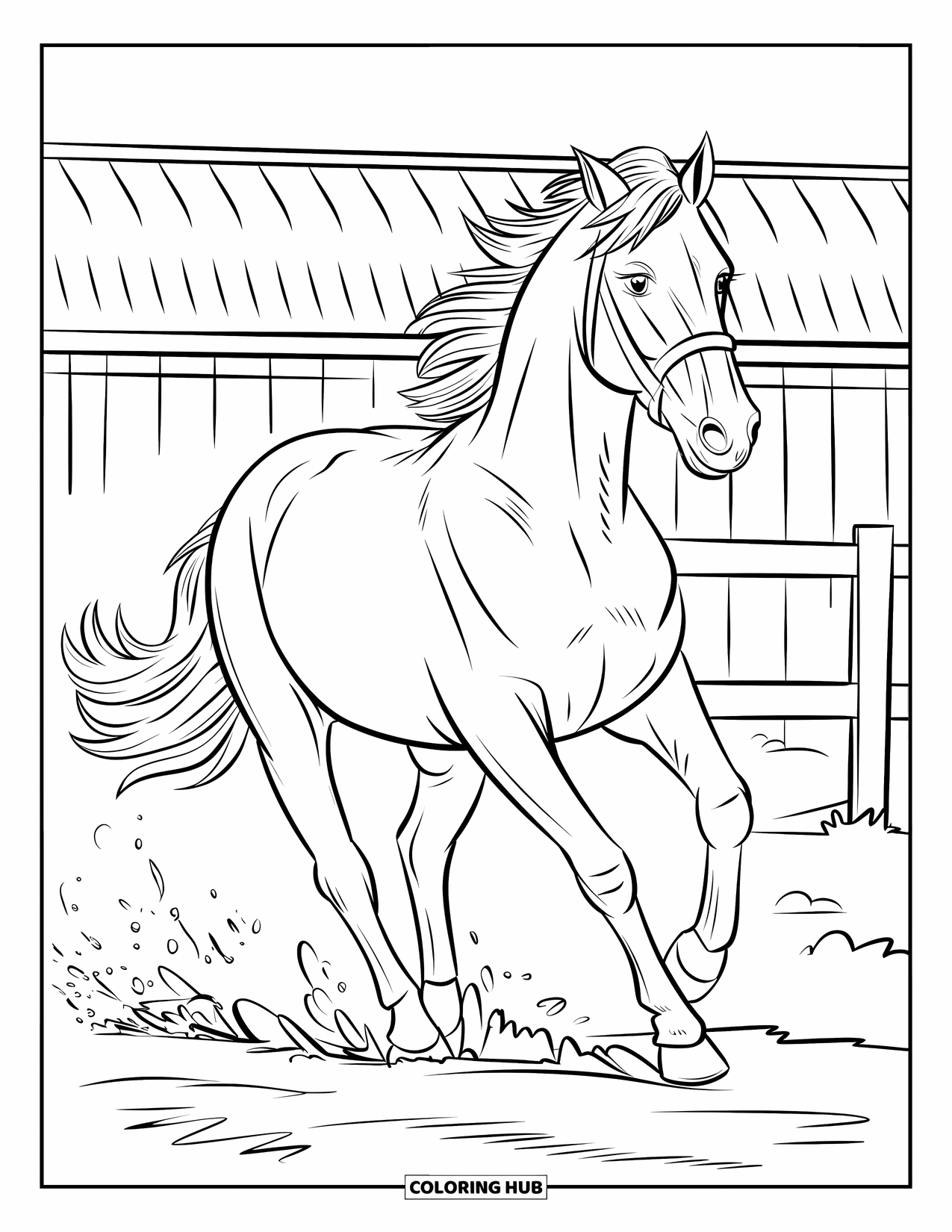 Kolorowanka ze zwierzętami gospodarskimi dla dzieci: Koń galopuje, wzbijając kurz, w oddali widać dach stodoły