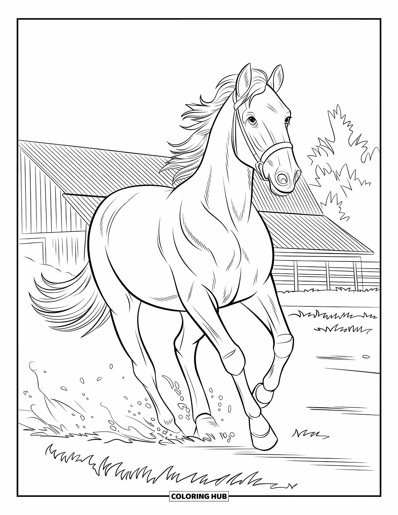 Kolorowanka ze zwierzętami gospodarskimi dla dzieci: Koń biegnie szybko, wzbijając kurz, z drzewami i stodołą w tle