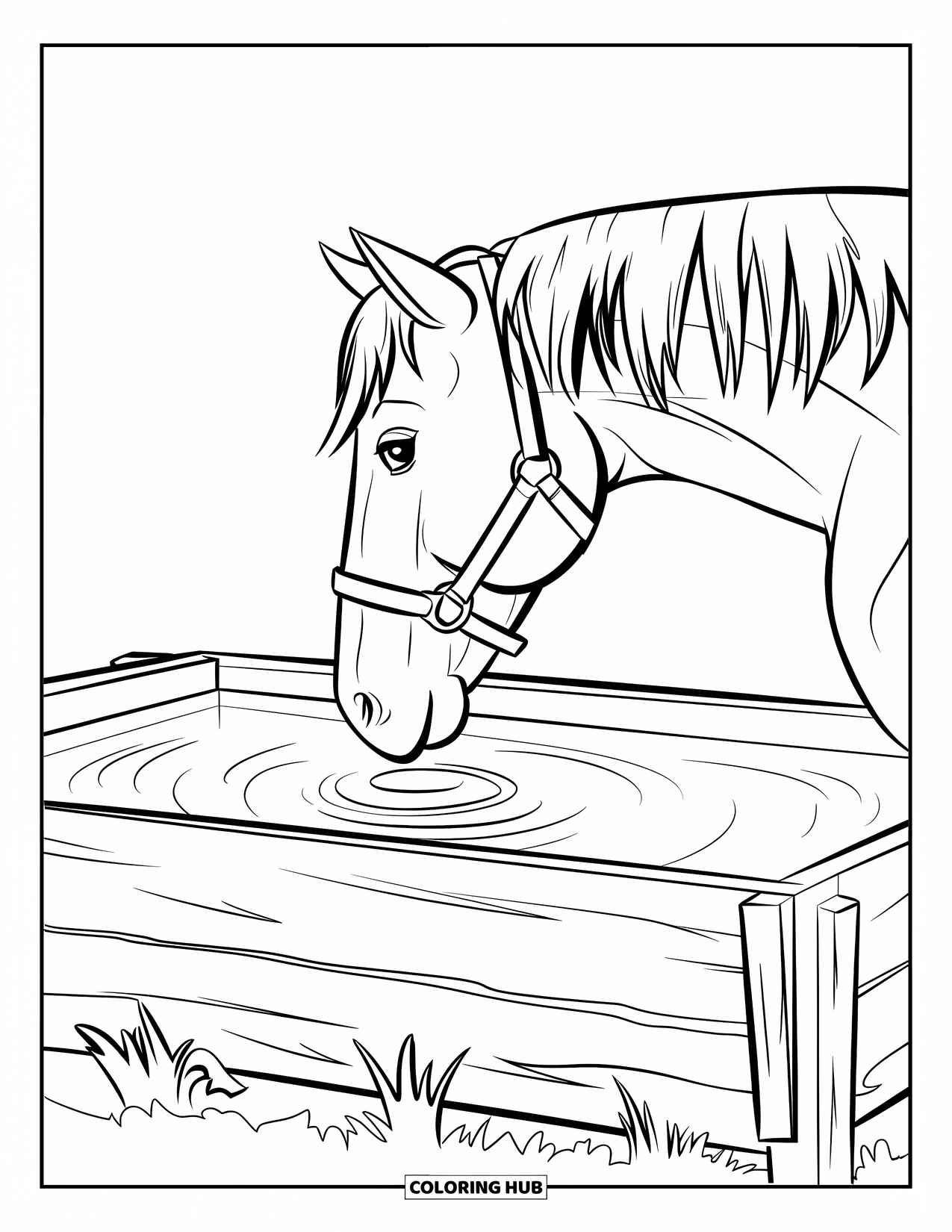 Kolorowanka ze zwierzętami gospodarskimi dla dzieci: Koń stoi obok drewnianego koryta z delikatnymi falami w wodzie