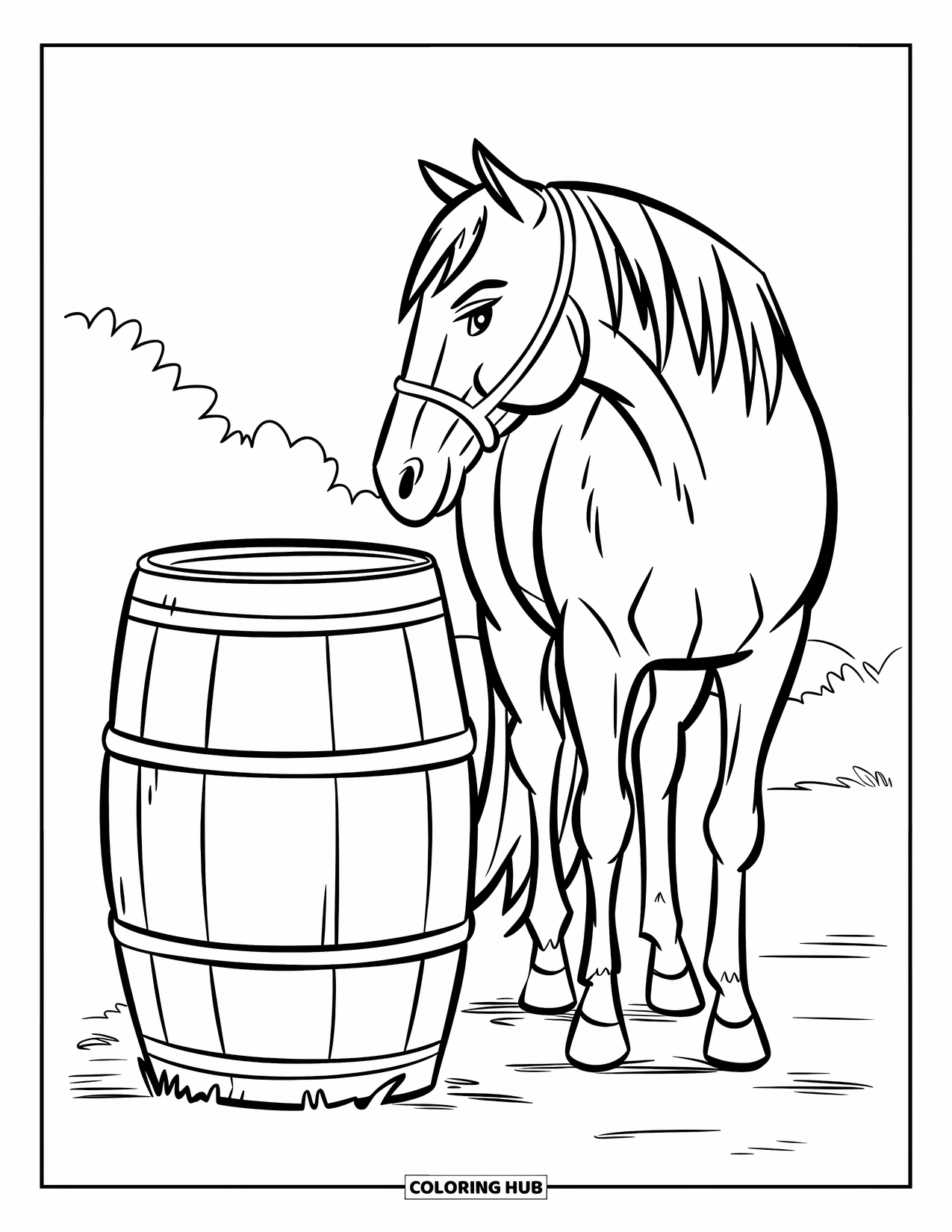 Kolorowanka ze zwierzętami gospodarskimi dla dzieci: Koń stoi spokojnie obok dużej beczki na ziemi