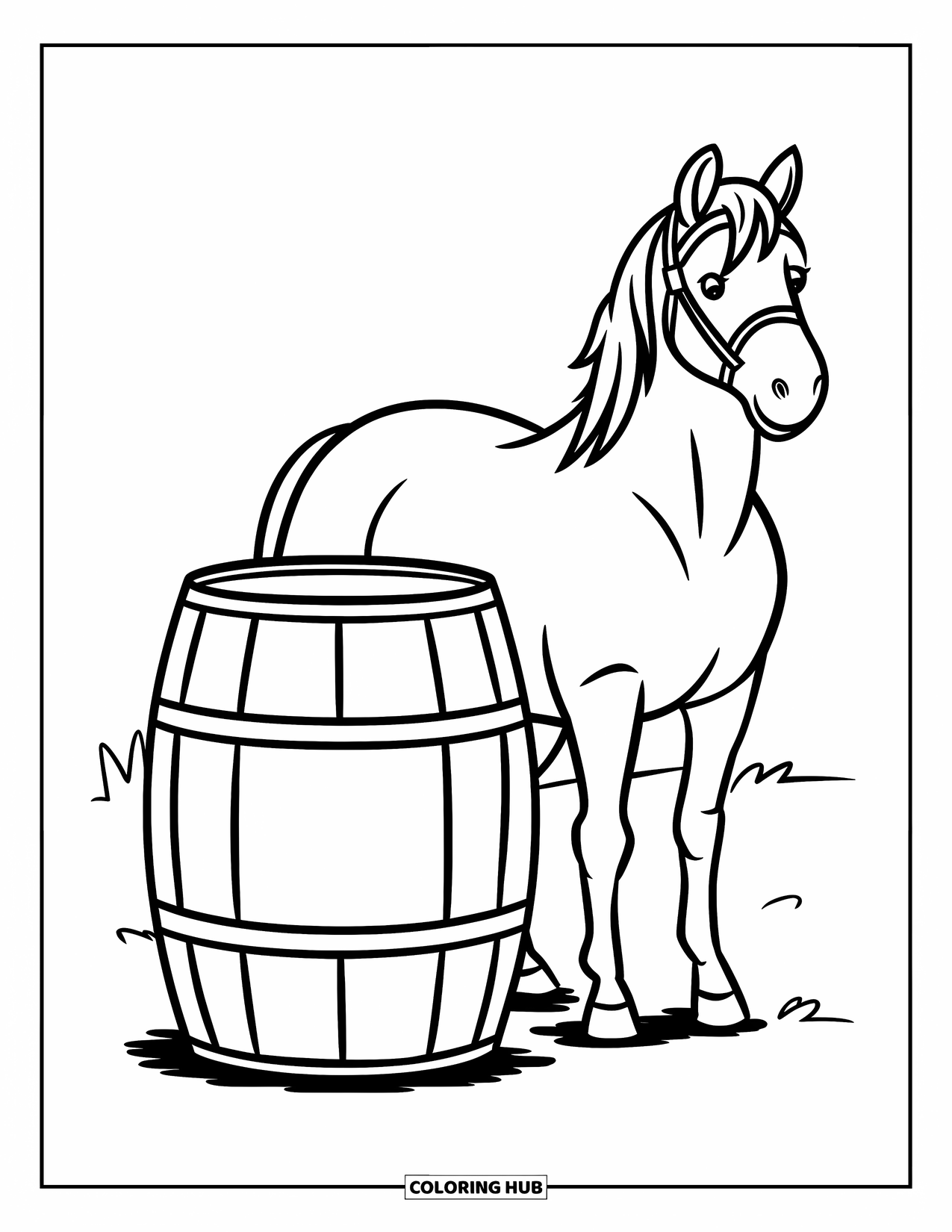 Kolorowanka ze zwierzętami gospodarskimi dla dzieci: Koń stoi spokojnie obok dużej beczki na ziemi